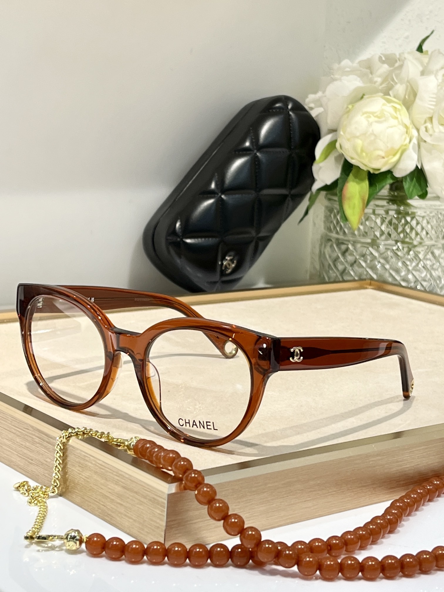 Chanel Designer Round Eyeglasses with Beaded Chain Accessory