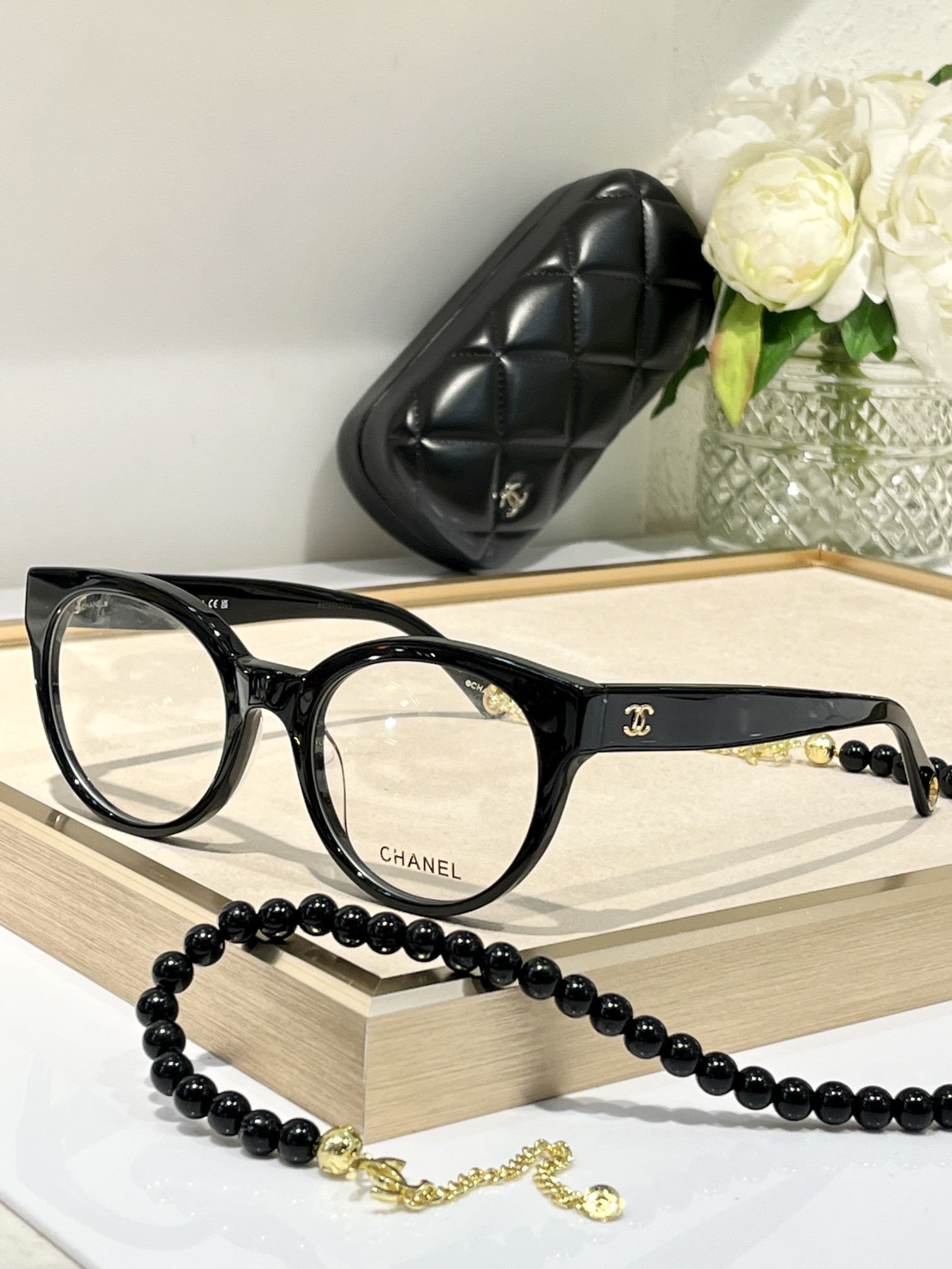 Chanel Designer Round Eyeglasses with Beaded Chain Accessory