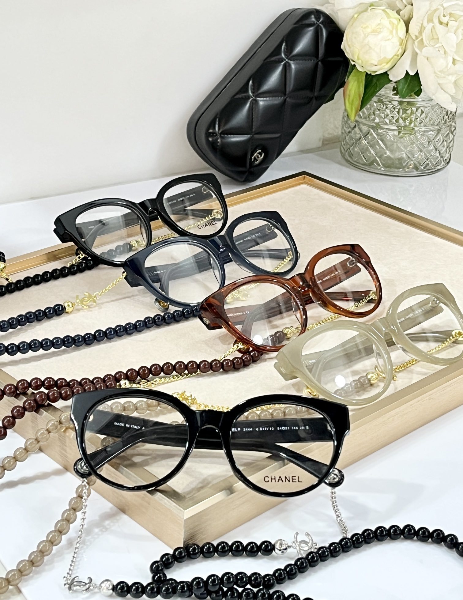 Chanel Luxury Cat-Eye Eyeglasses with Elegant Beaded Chain