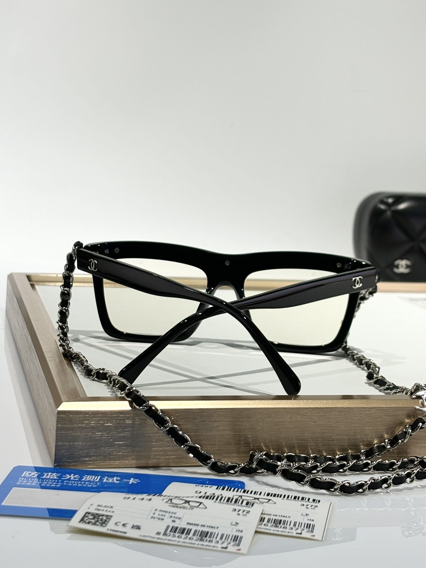 Chanel Square Blue Light Blocking Glasses with Leather Chain