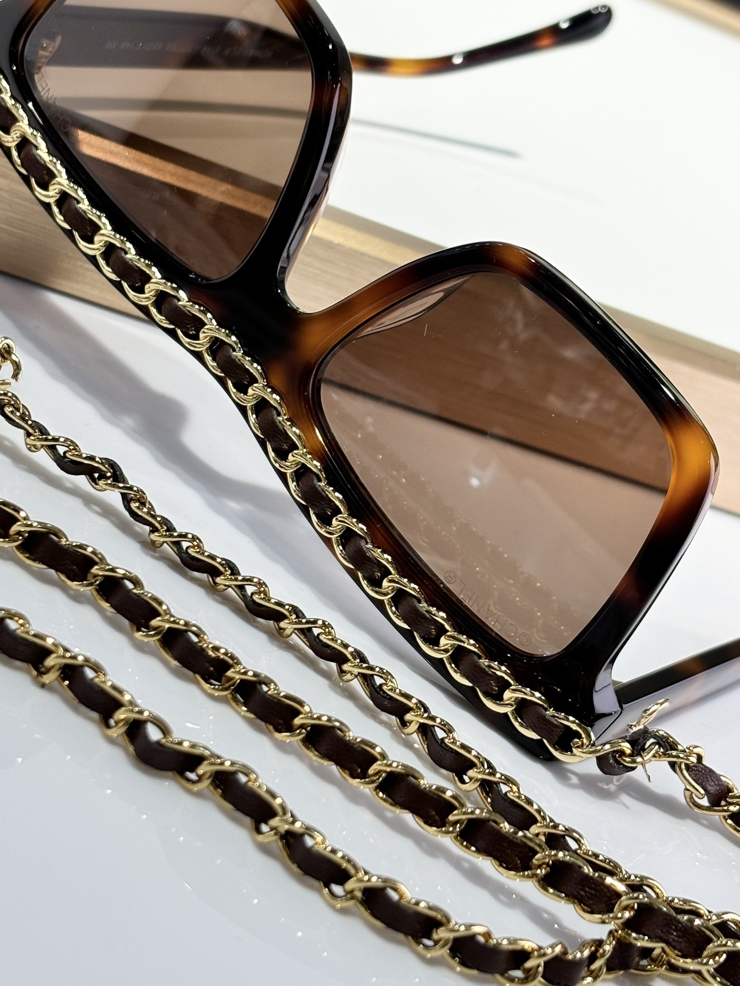 Luxury Square Eyeglasses with Signature Chain – Blue Light Protect