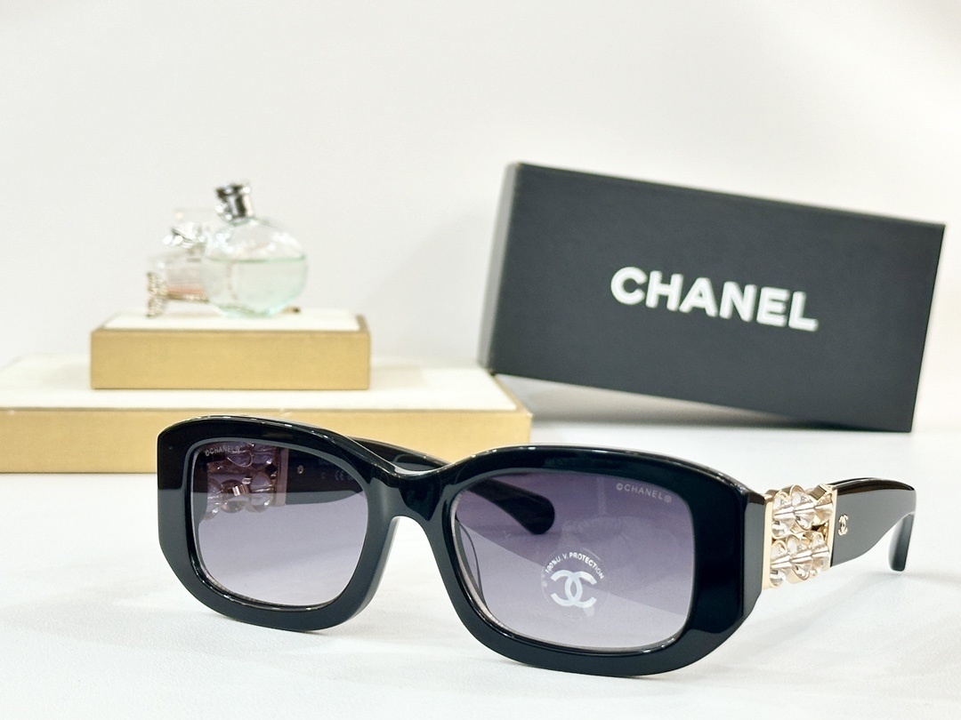 Chanel Women’s Luxury Rectangle Sunglasses – Crystal Gold Detail