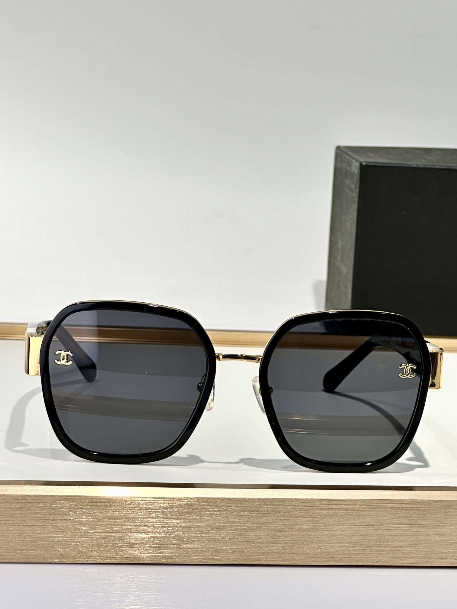 Chanel Black Octagon Sunglasses Gold Logo