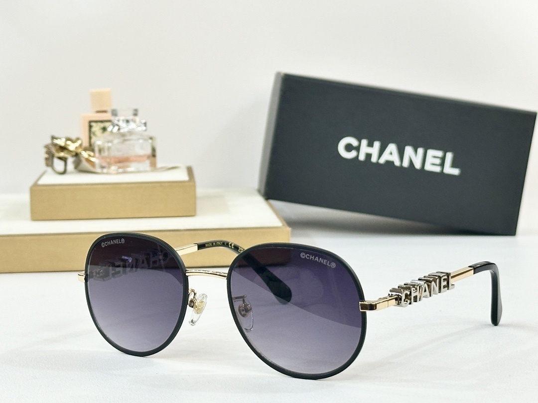 Luxury Chanel Round Sunglasses with Gold Logo Lettering