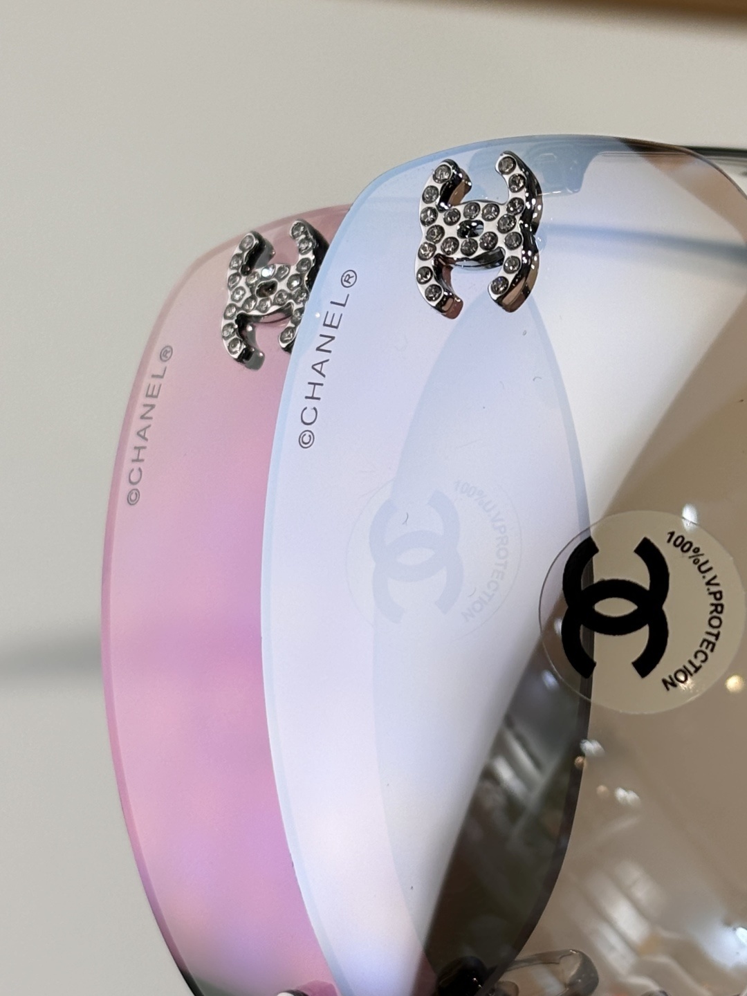 Chanel Luxury Rimless Oval Sunglasses with Rhinestone CC Logo