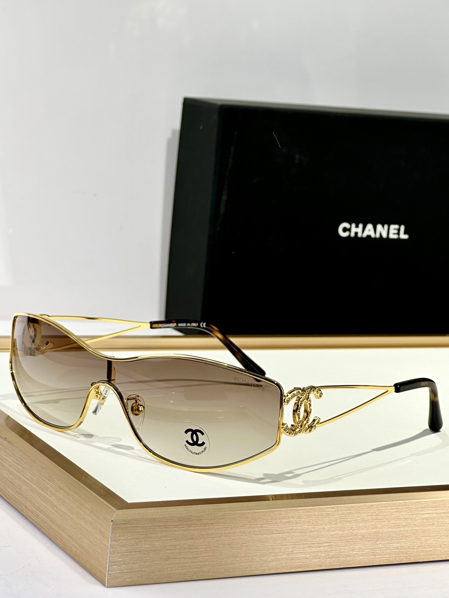 Chanel Shield Wrap Sunglasses with Crystal CC Logo Luxury Eyewear