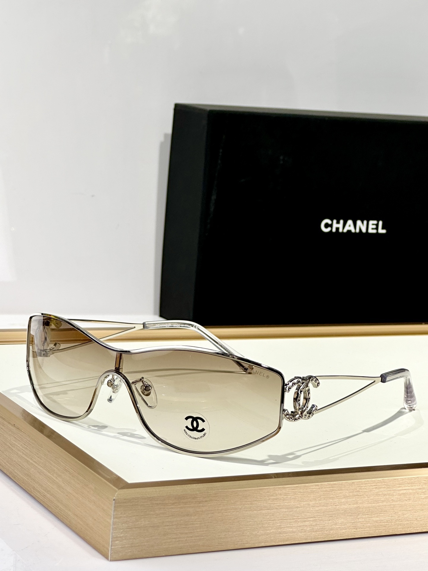 Chanel Shield Wrap Sunglasses with Crystal CC Logo Luxury Eyewear