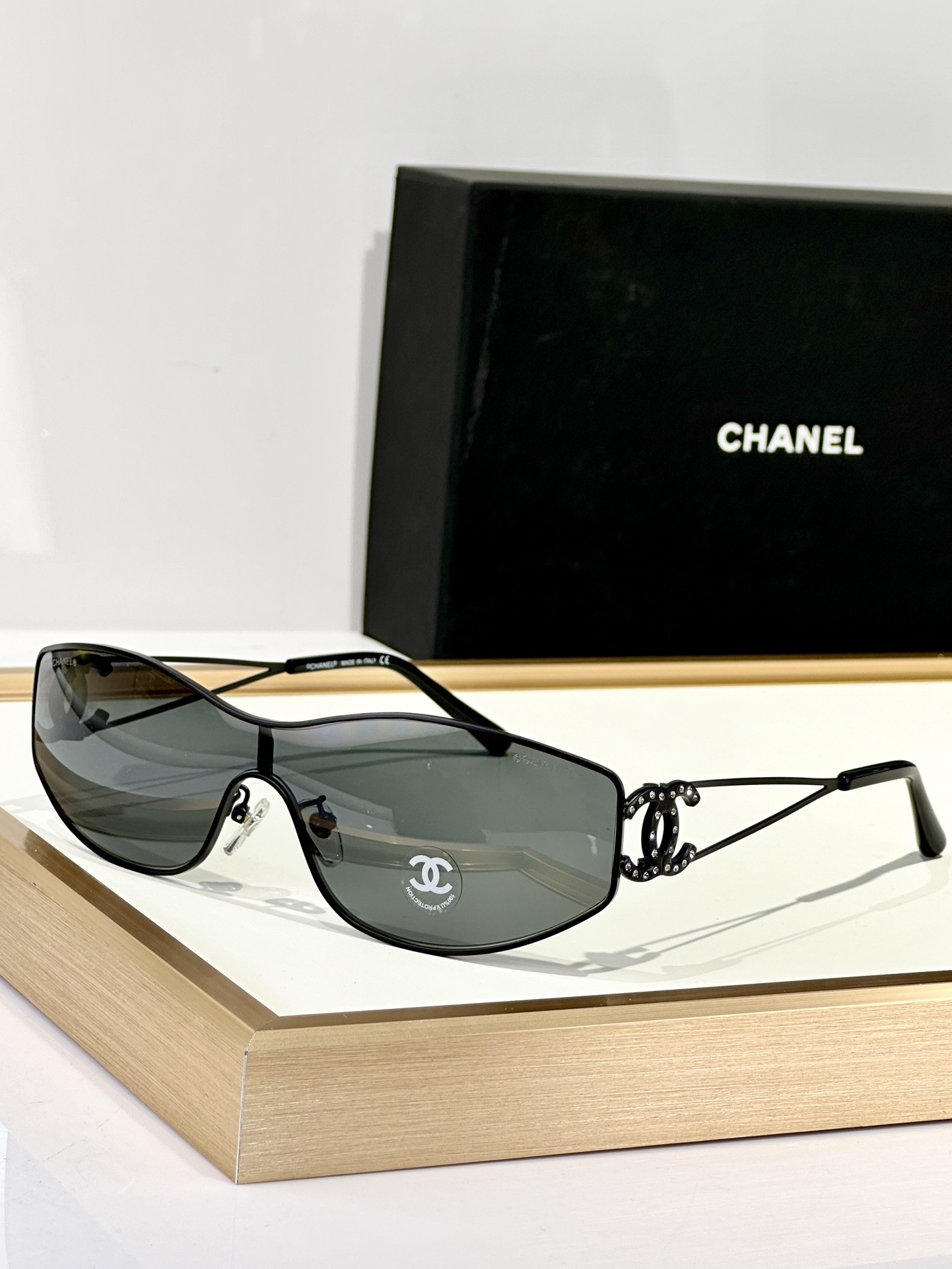 Chanel Shield Wrap Sunglasses with Crystal CC Logo Luxury Eyewear