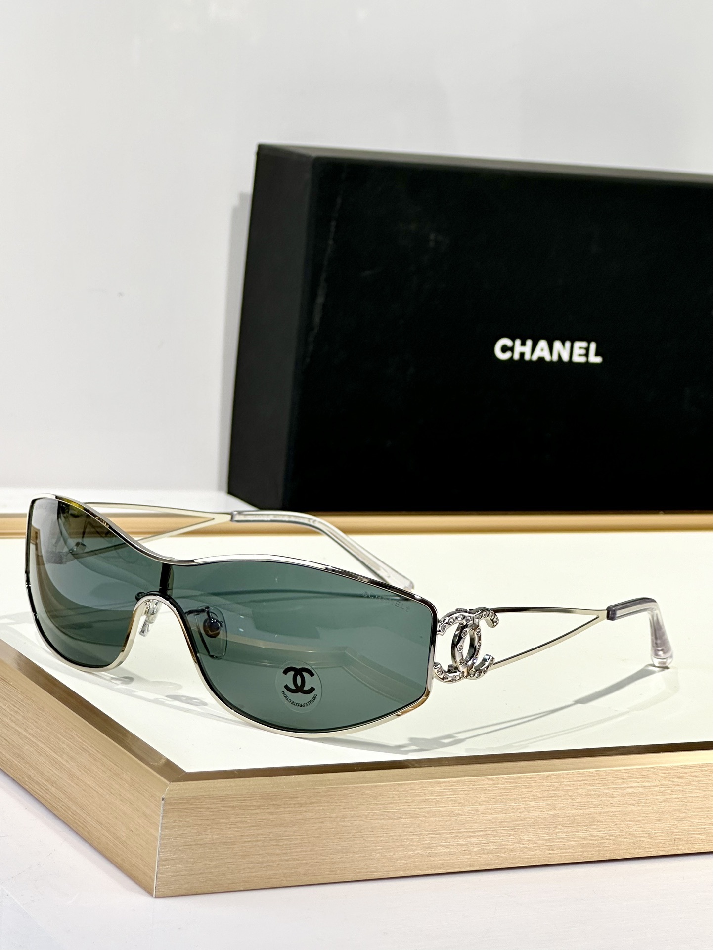 Chanel Shield Wrap Sunglasses with Crystal CC Logo Luxury Eyewear
