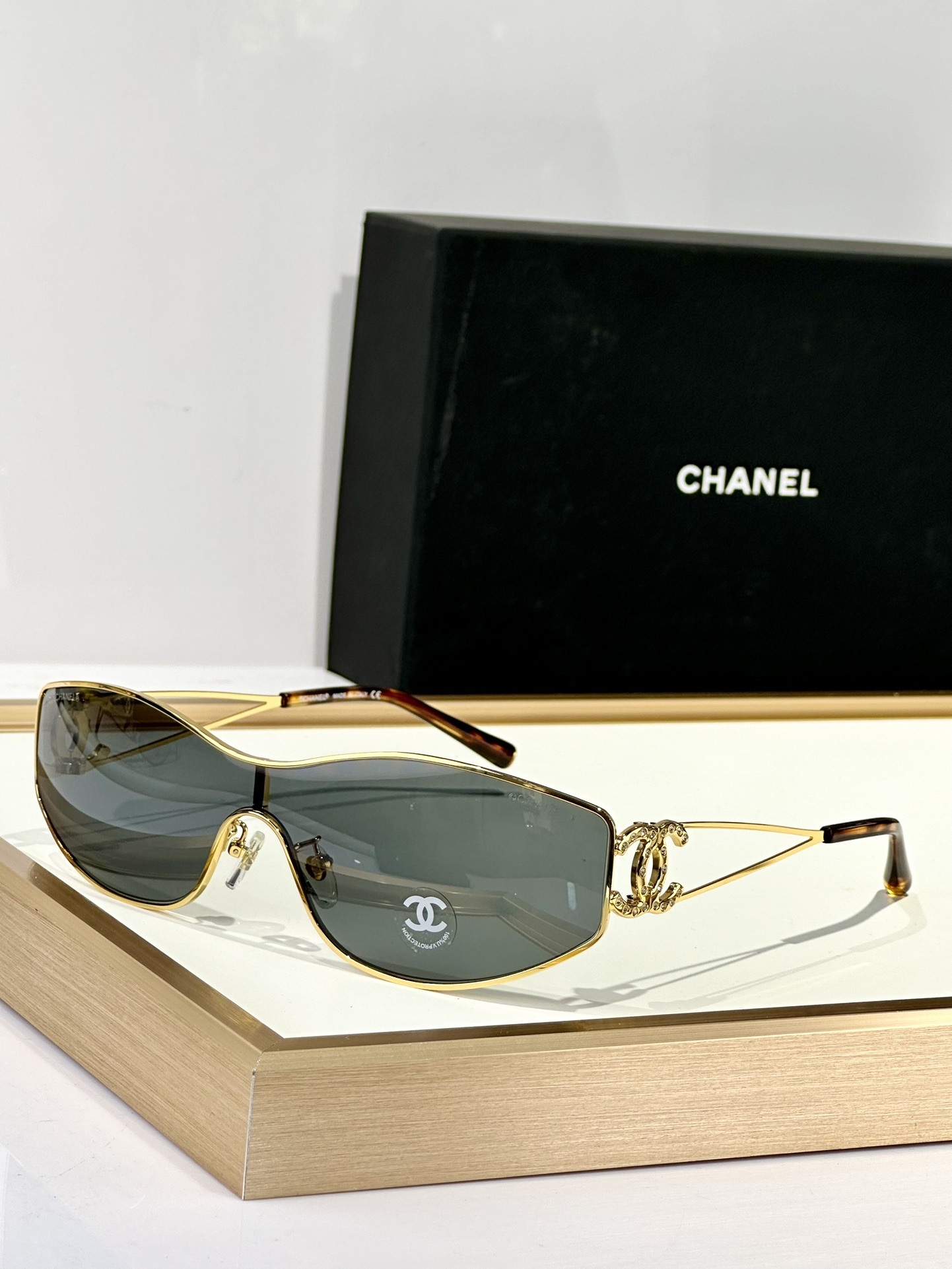 Chanel Shield Wrap Sunglasses with Crystal CC Logo Luxury Eyewear