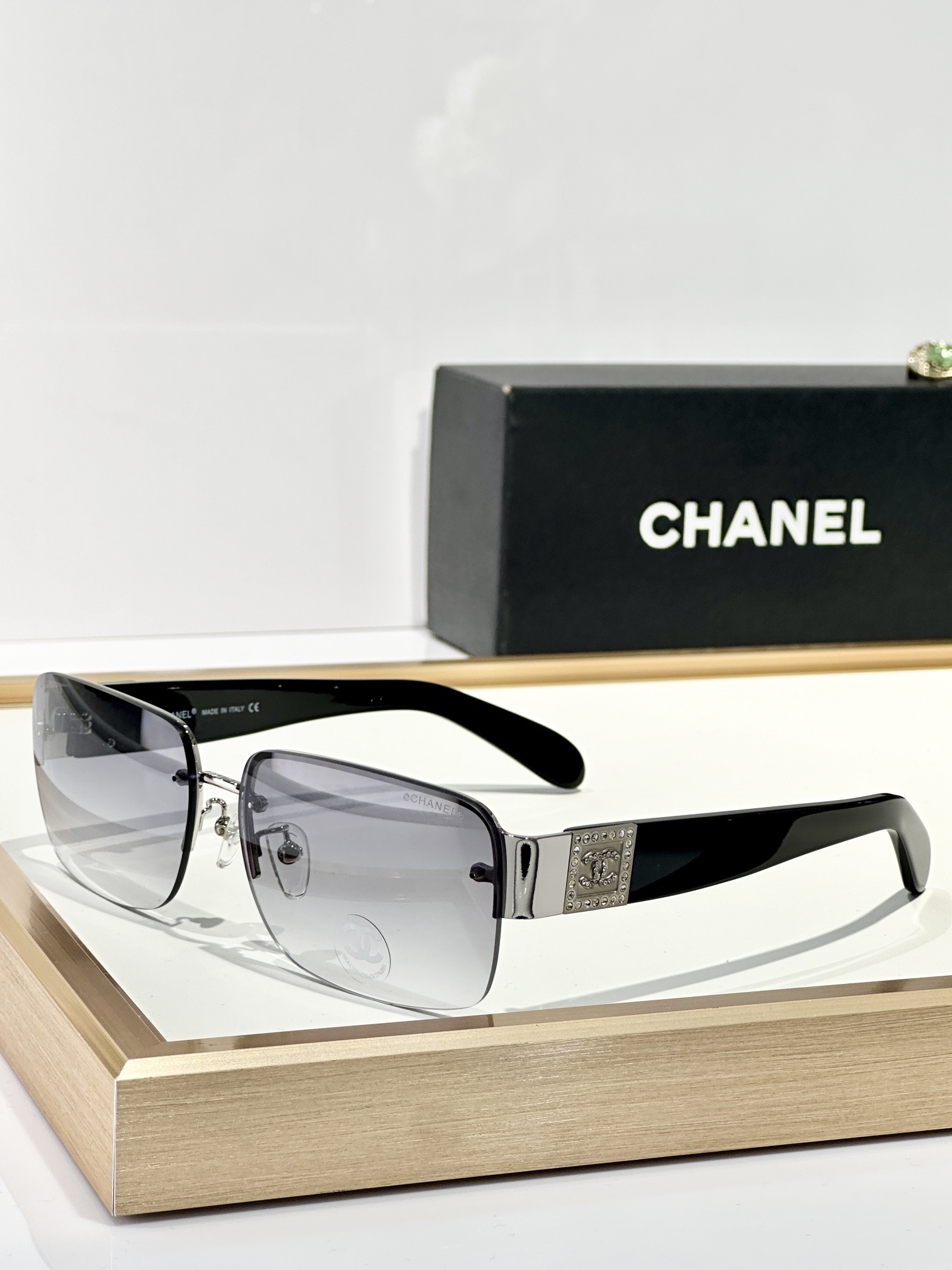 Chanel Rimless Rectangle Sunglasses with Crystal CC Logo