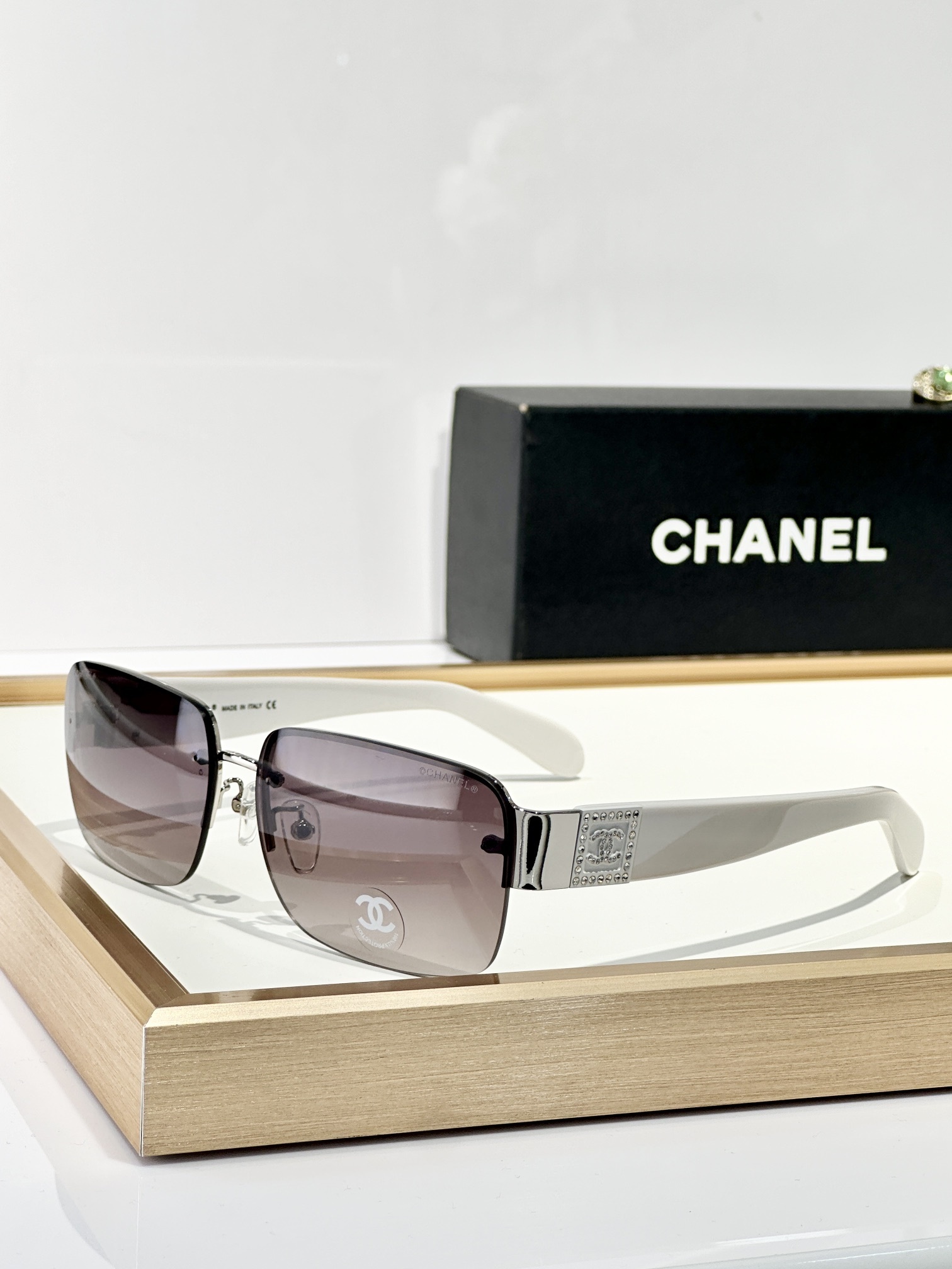 Chanel Rimless Rectangle Sunglasses with Crystal CC Logo