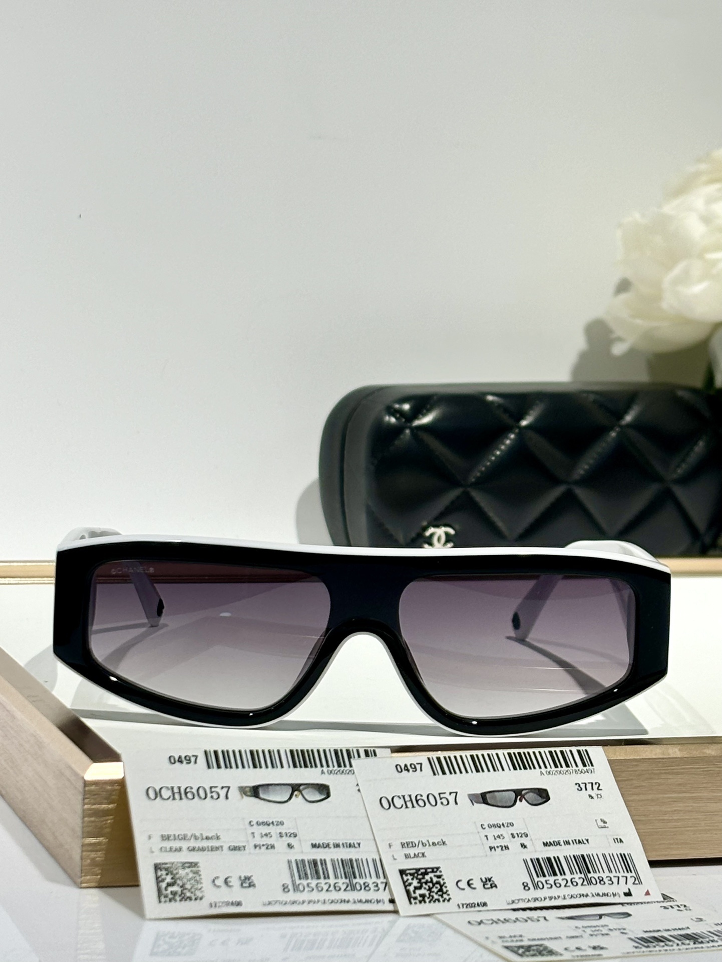 Chanel Black & White Rectangle Sunglasses with CC Logo