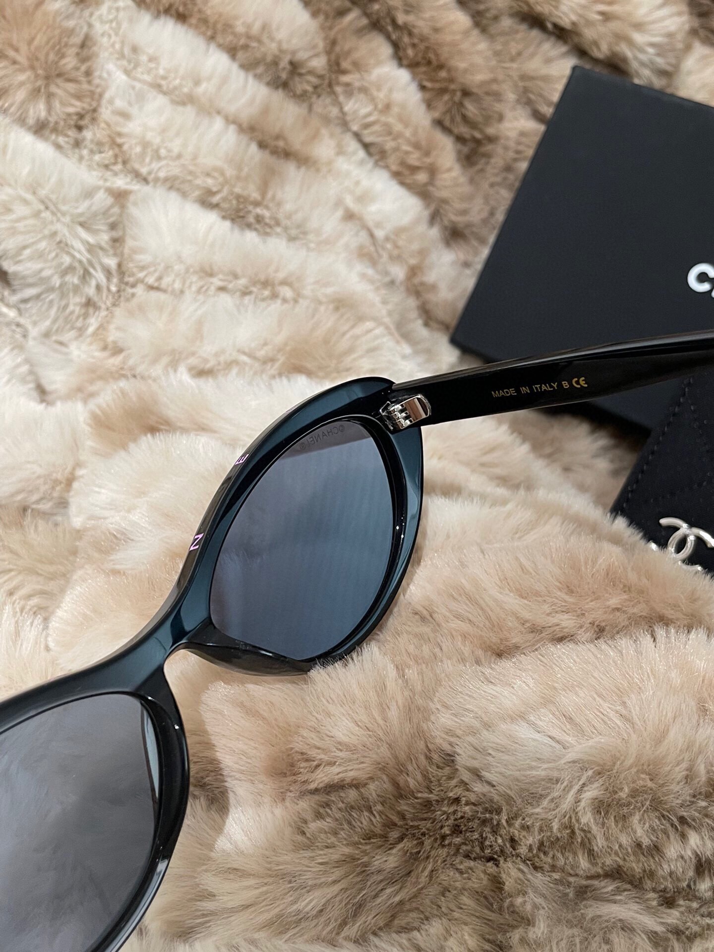 Chanel Black Oval Cat-Eye Sunglasses with Pink Logo Lettering
