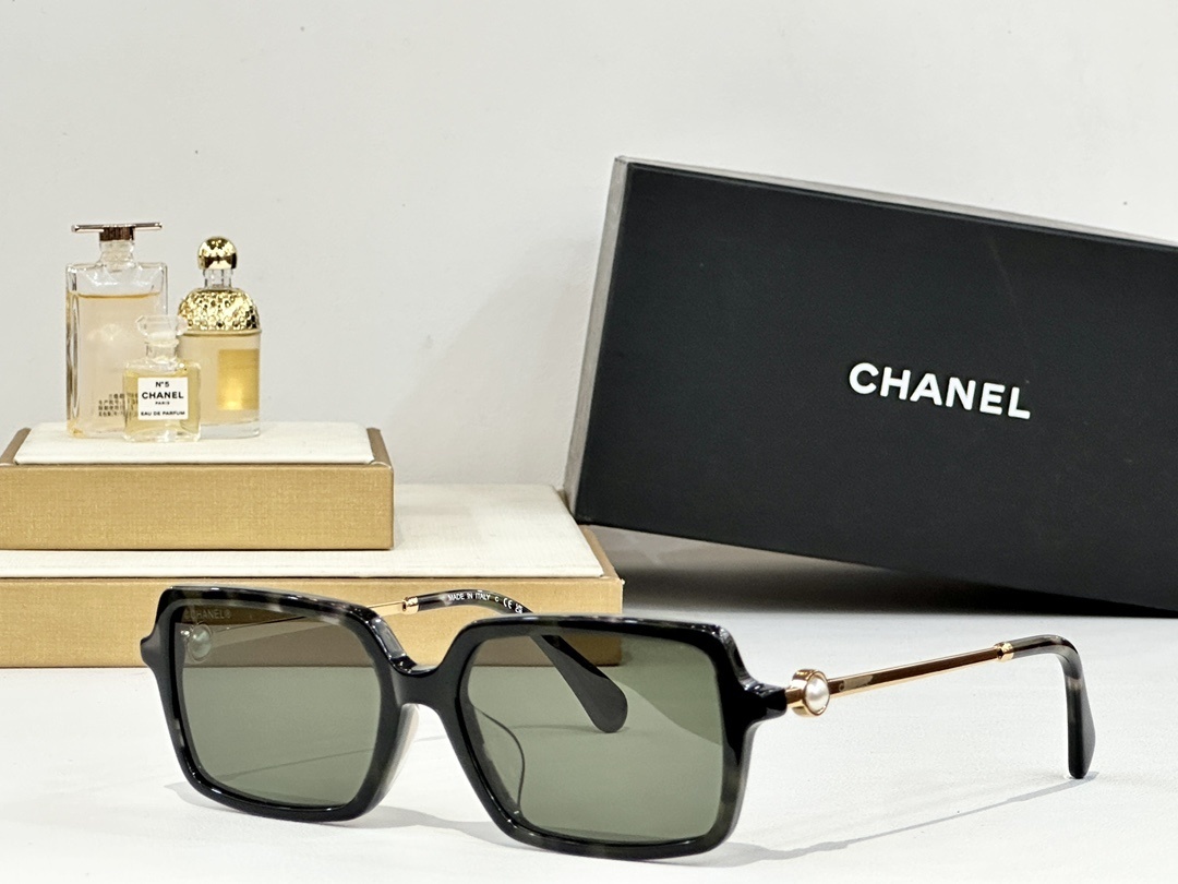 Luxury Chanel Square Sunglasses with Pearl Accent & Gold Temples
