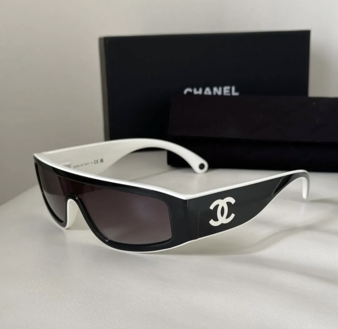 Chanel Black and White Shield Sunglasses with Large CC Logo