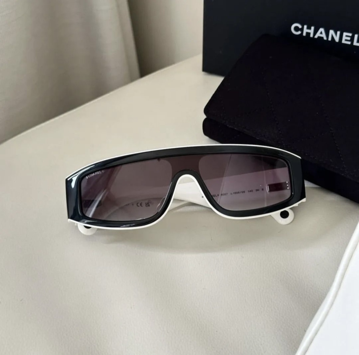 Chanel Black and White Shield Sunglasses with Large CC Logo