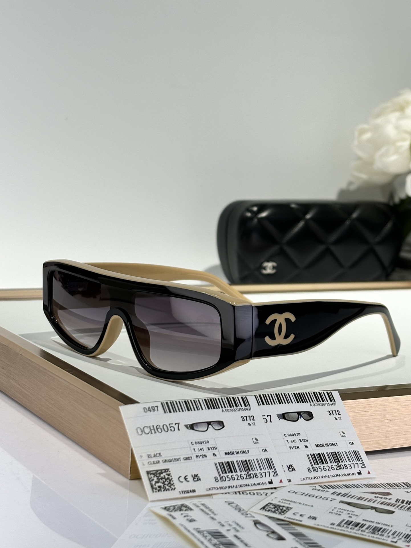 Chanel Black & Beige Shield Sunglasses with Large CC Logo