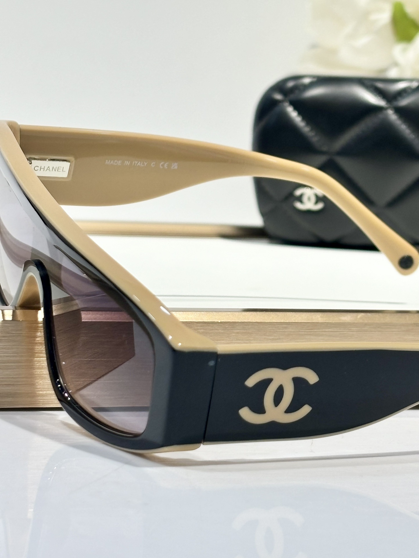 Chanel Black & Beige Shield Sunglasses with Large CC Logo