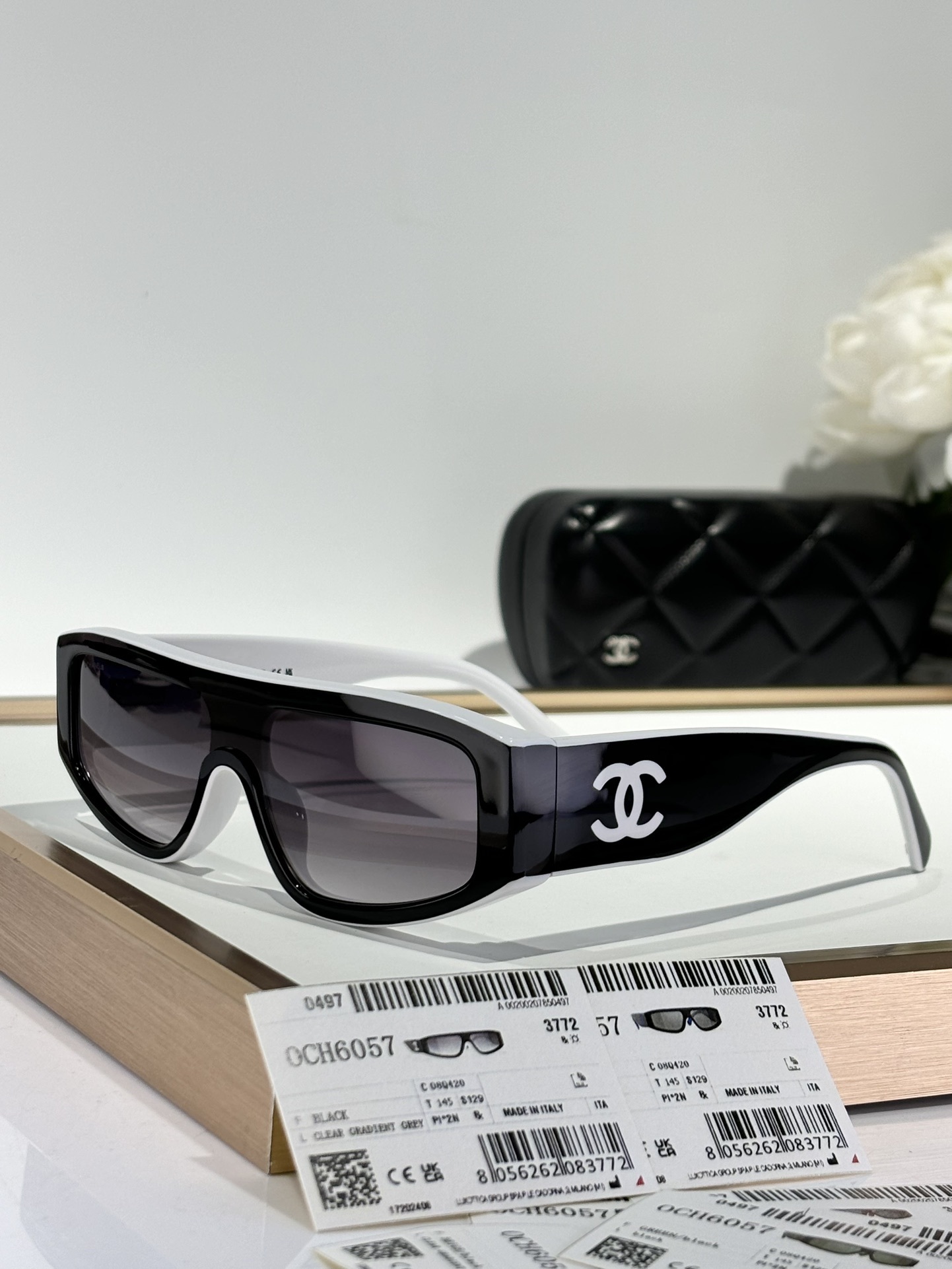 Chanel Black and White Shield Sunglasses with CC Logo