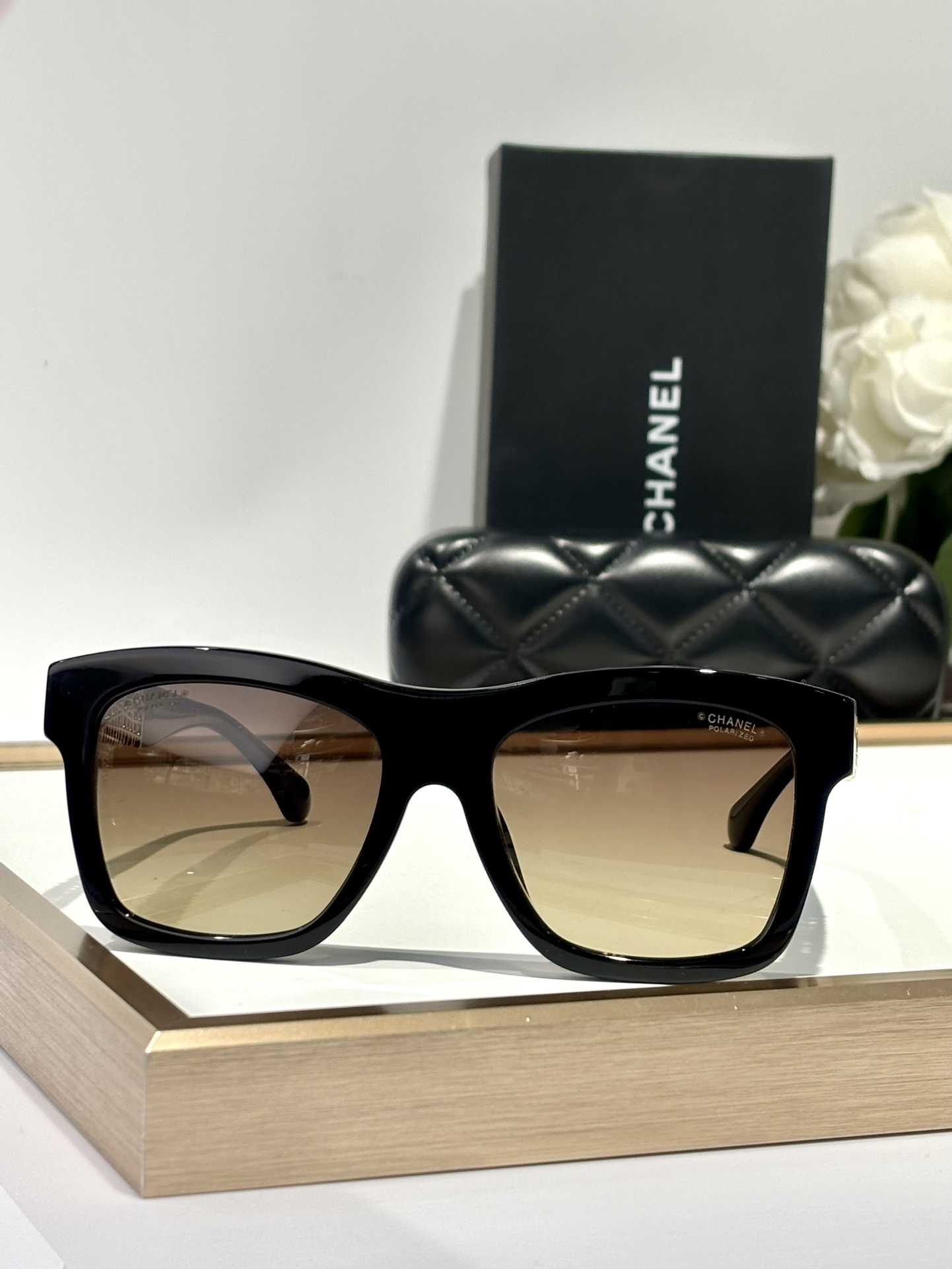 Chanel Black Square Polarized Sunglasses with Gold Lattice Temples