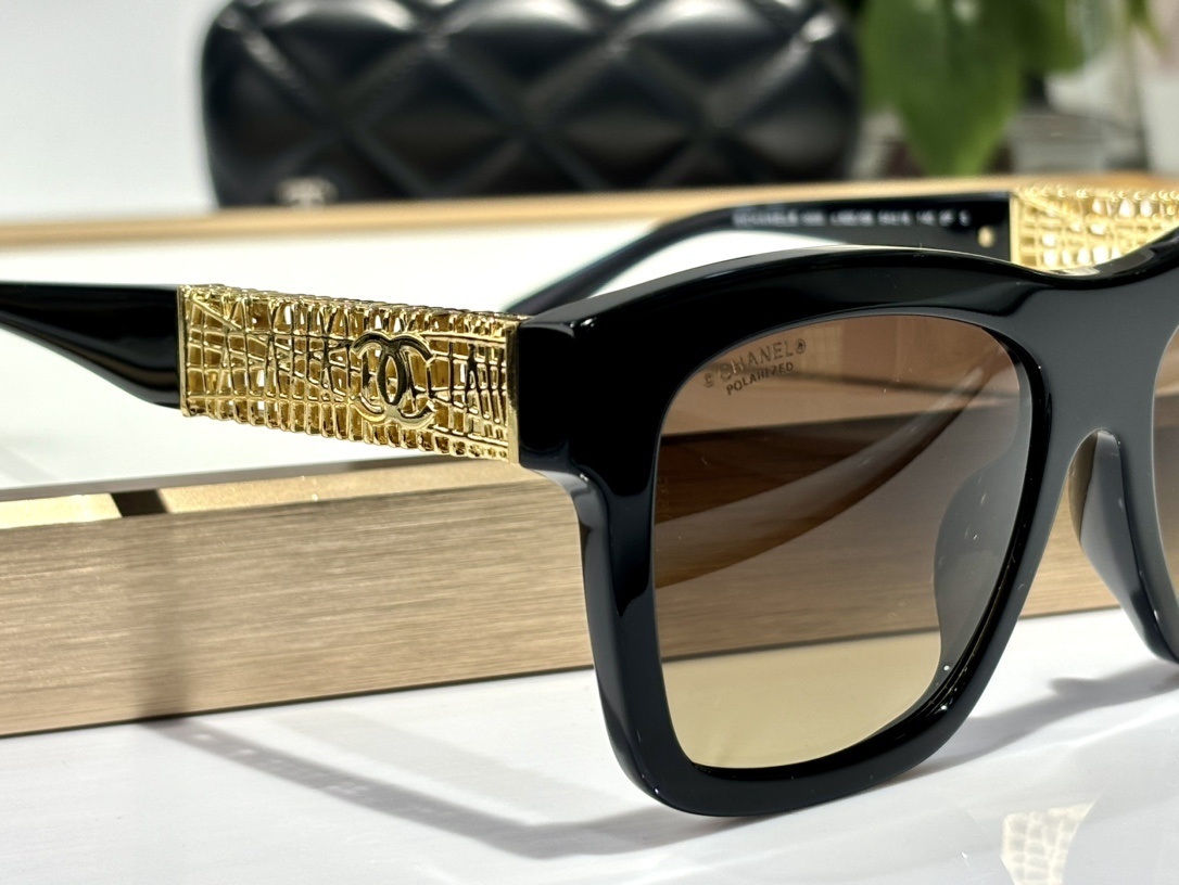 Chanel Black Square Polarized Sunglasses with Gold Lattice Temples