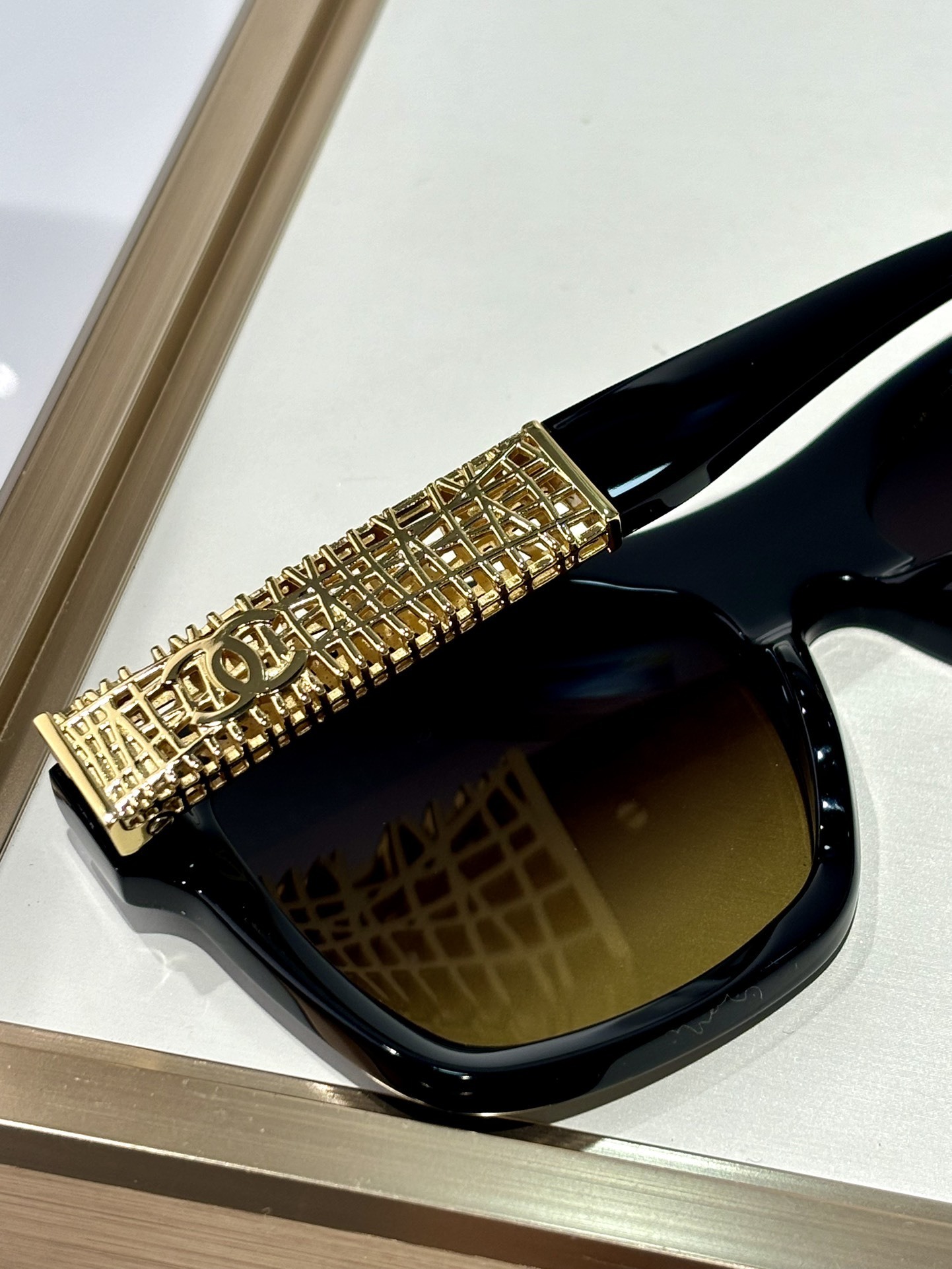 Chanel Black Square Polarized Sunglasses with Gold Lattice Temples