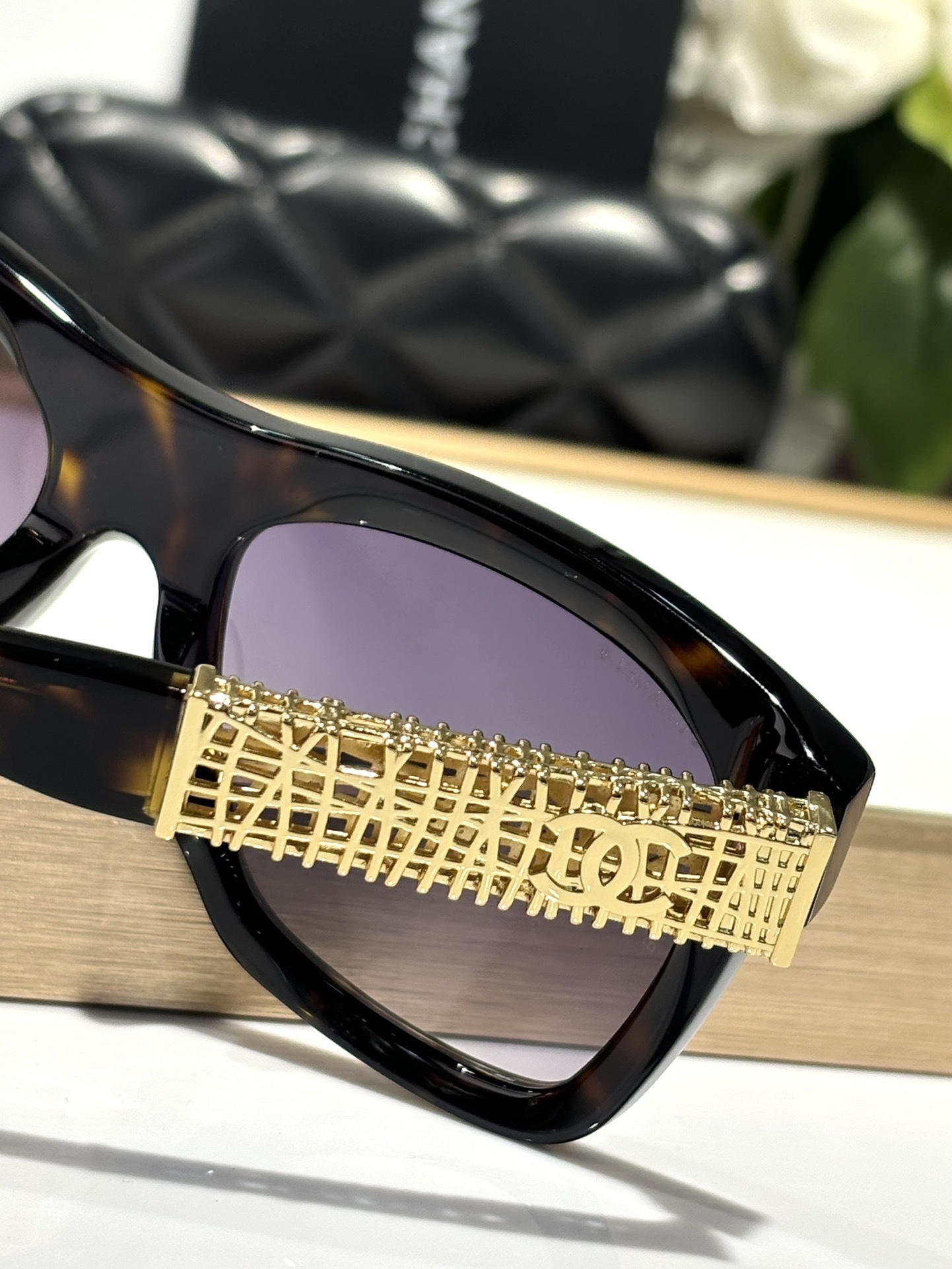 Chanel Oversized Tortoise Sunglasses with Gold Filigree CC Logo