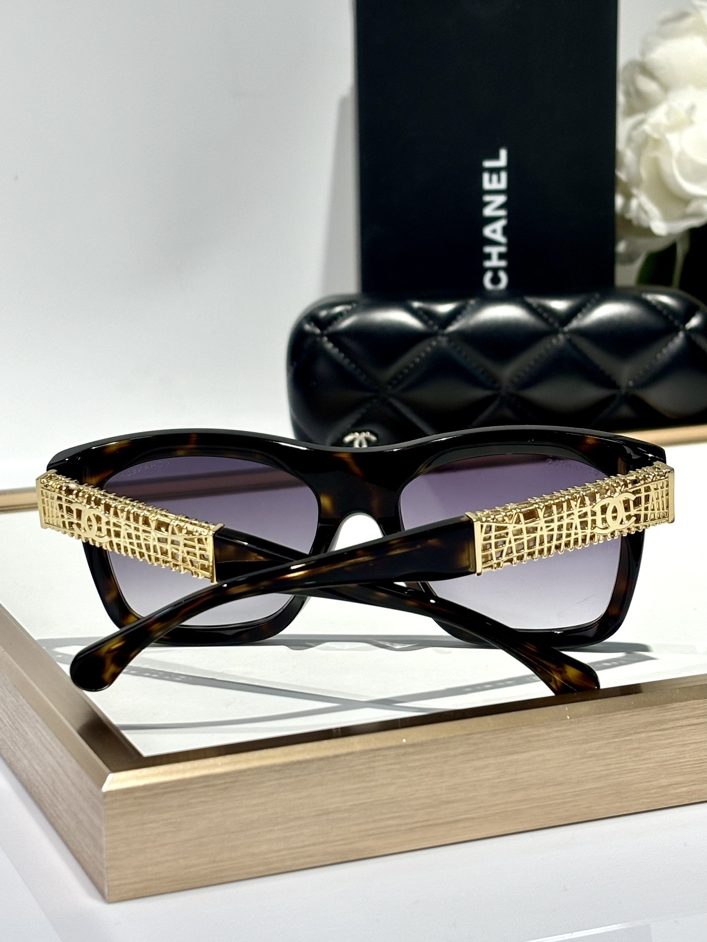 Chanel Oversized Tortoise Sunglasses with Gold Filigree CC Logo