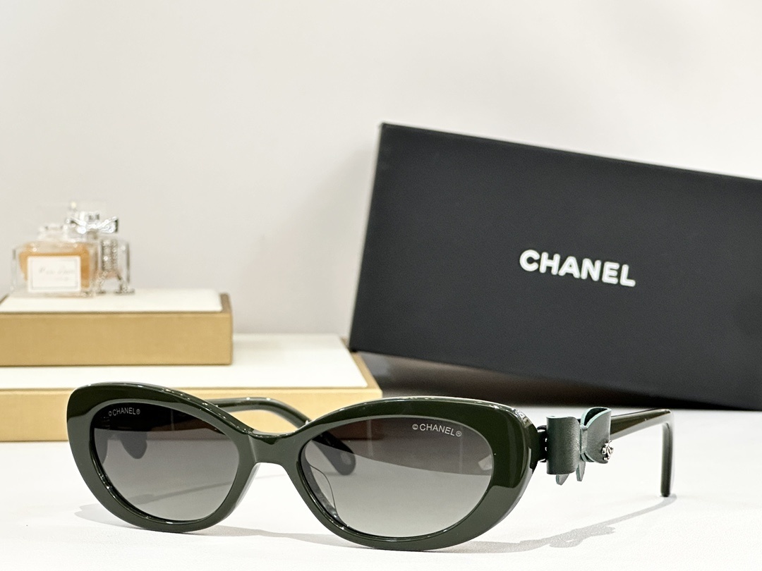 Chanel Cat-Eye Sunglasses with Leather Bow Detail & CC Logo