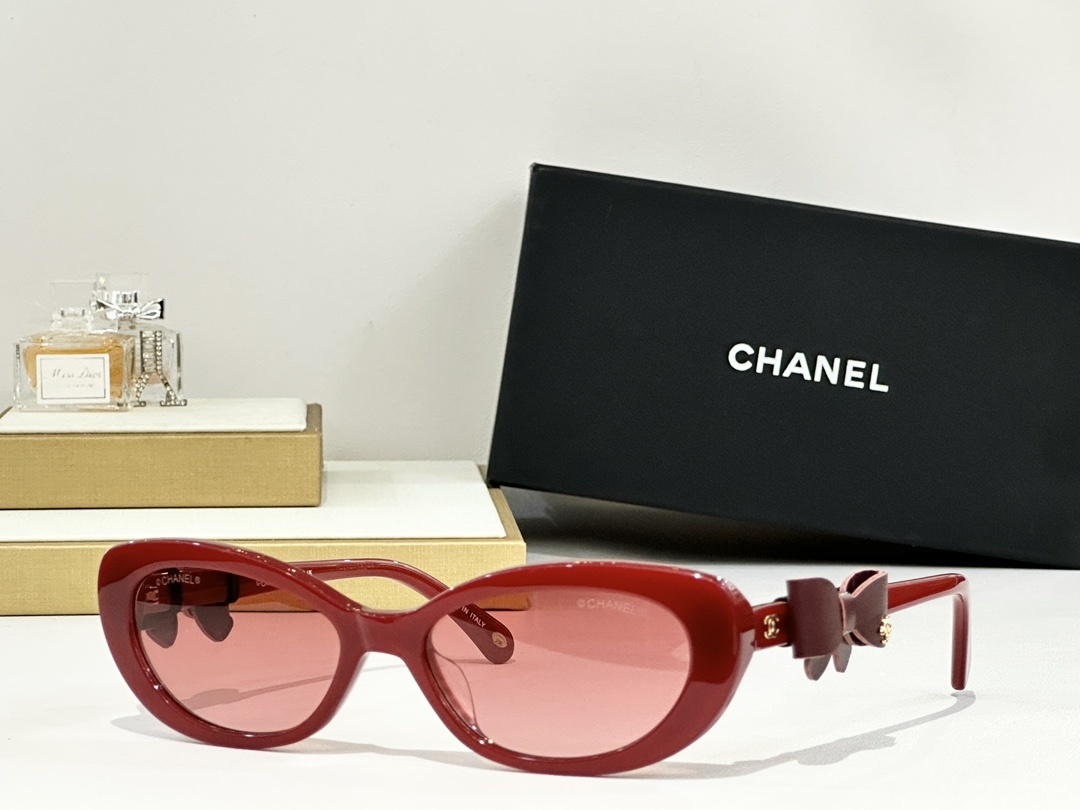 Chanel Cat-Eye Sunglasses with Leather Bow Detail & CC Logo