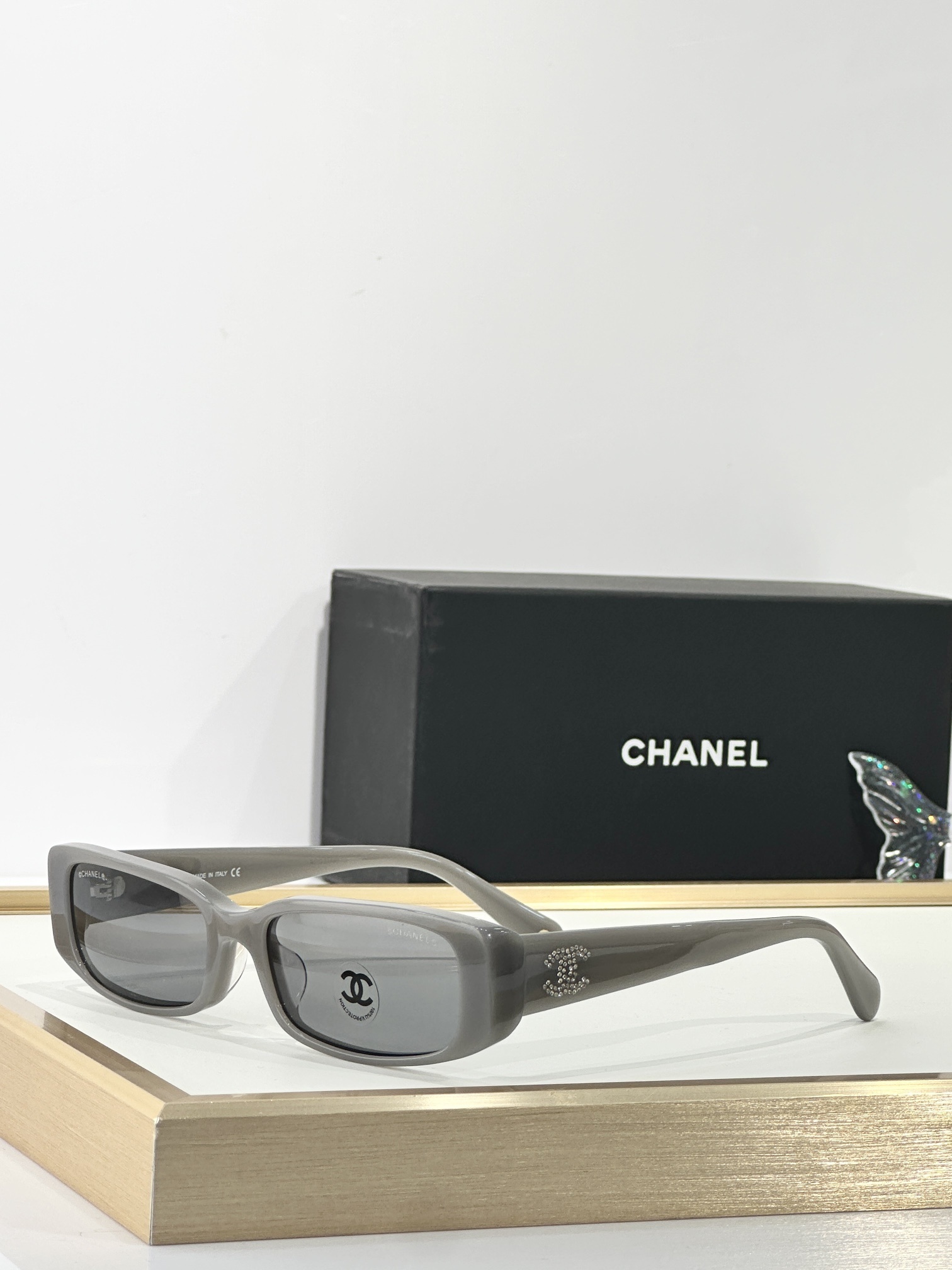 Chanel Gray Rectangular Sunglasses – Crystal CC Logo