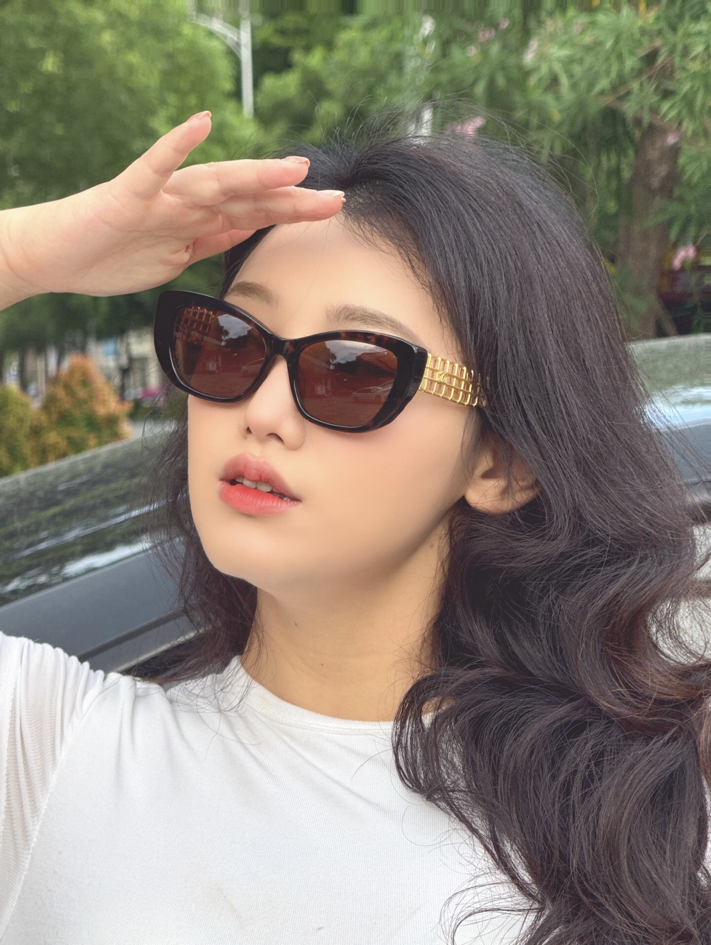 Chanel Women’s Cat-Eye Sunglasses with Gold Lattice Temples