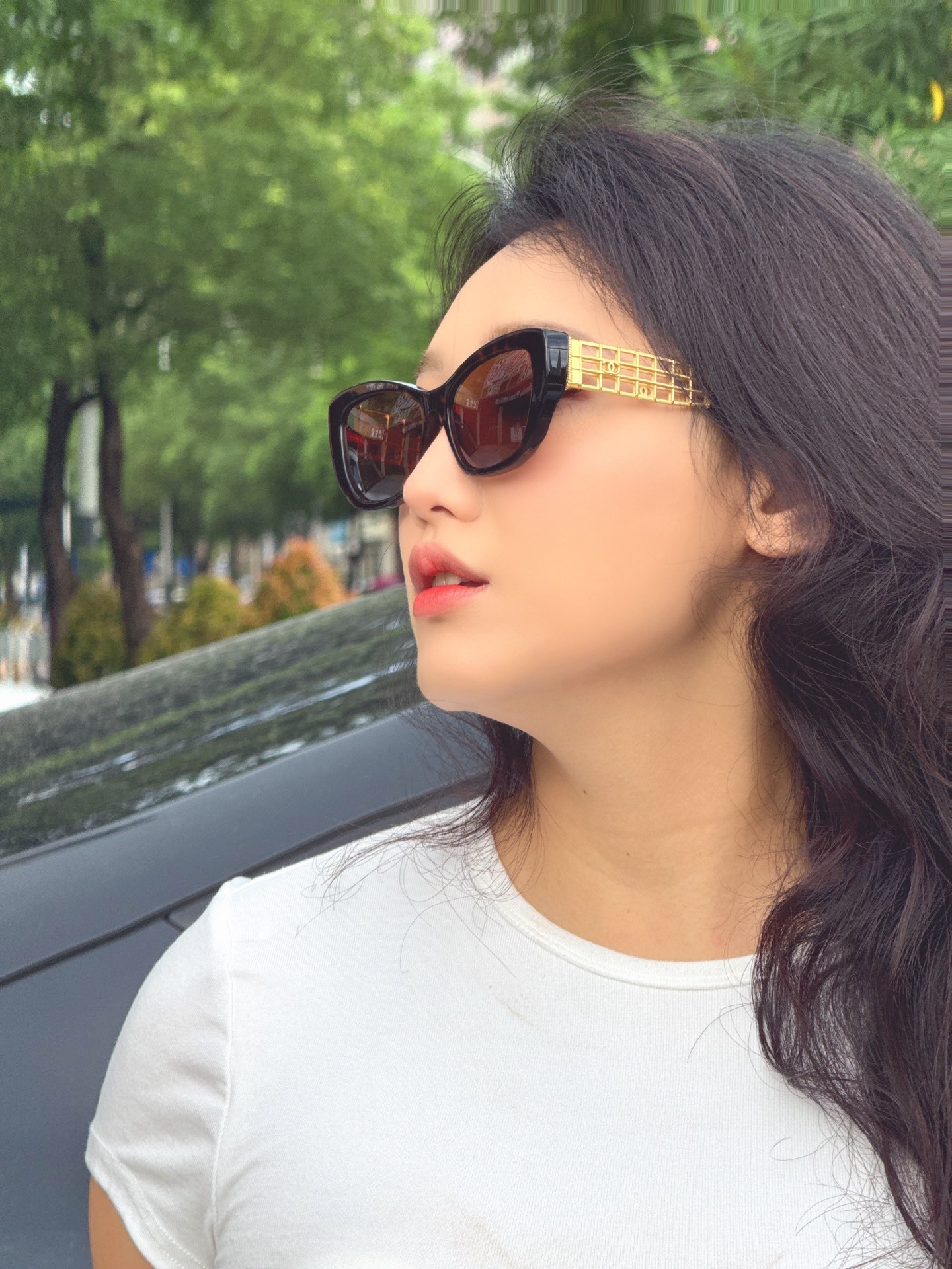 Chanel Women’s Cat-Eye Sunglasses with Gold Lattice Temples