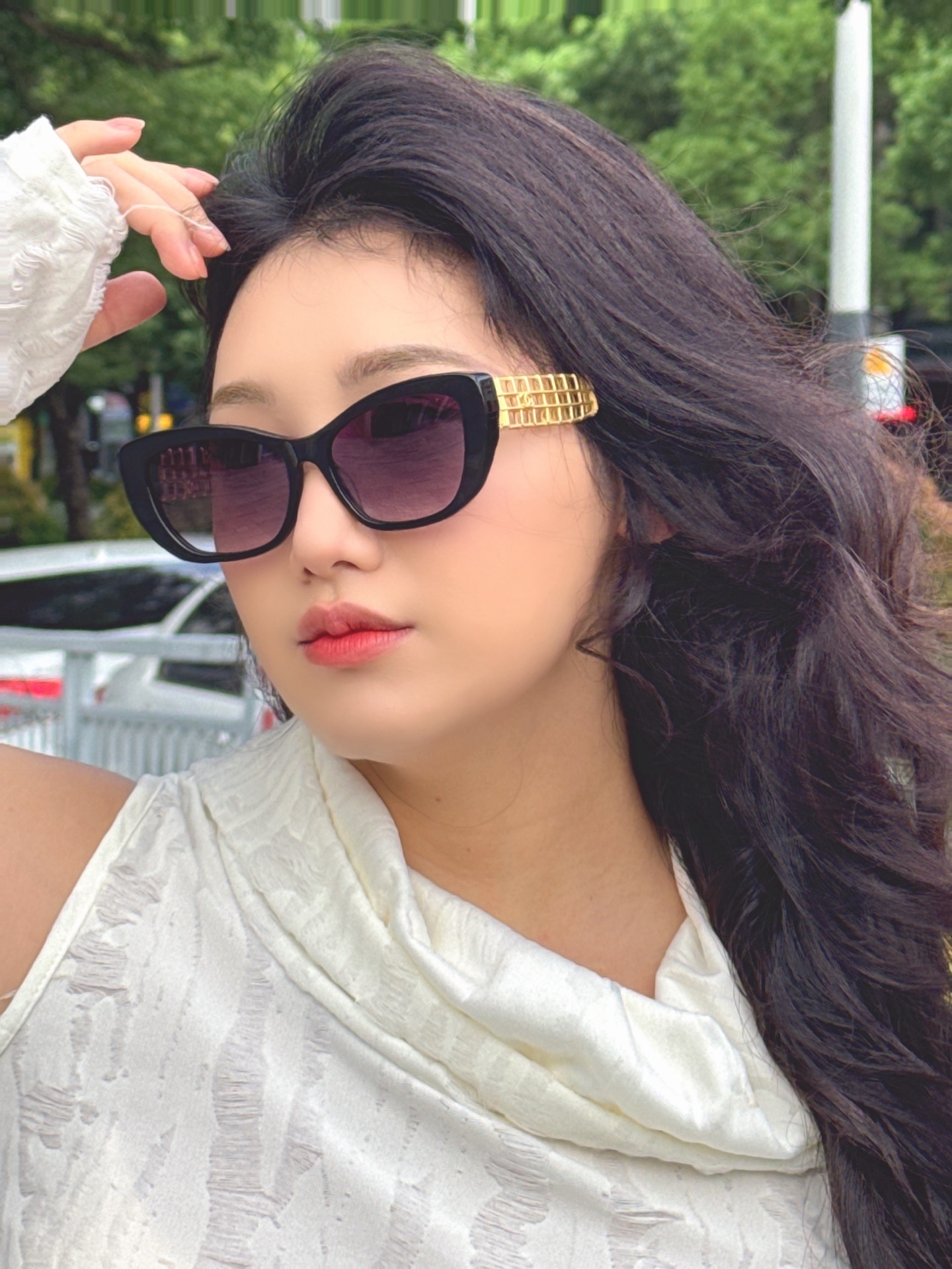 Chanel Women’s Cat-Eye Sunglasses with Gold Lattice Temples