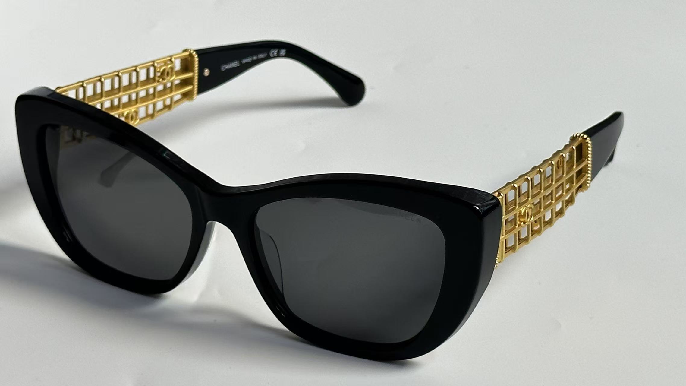 Luxury Chanel Cat Eye Sunglasses with Gold Lattice Temples