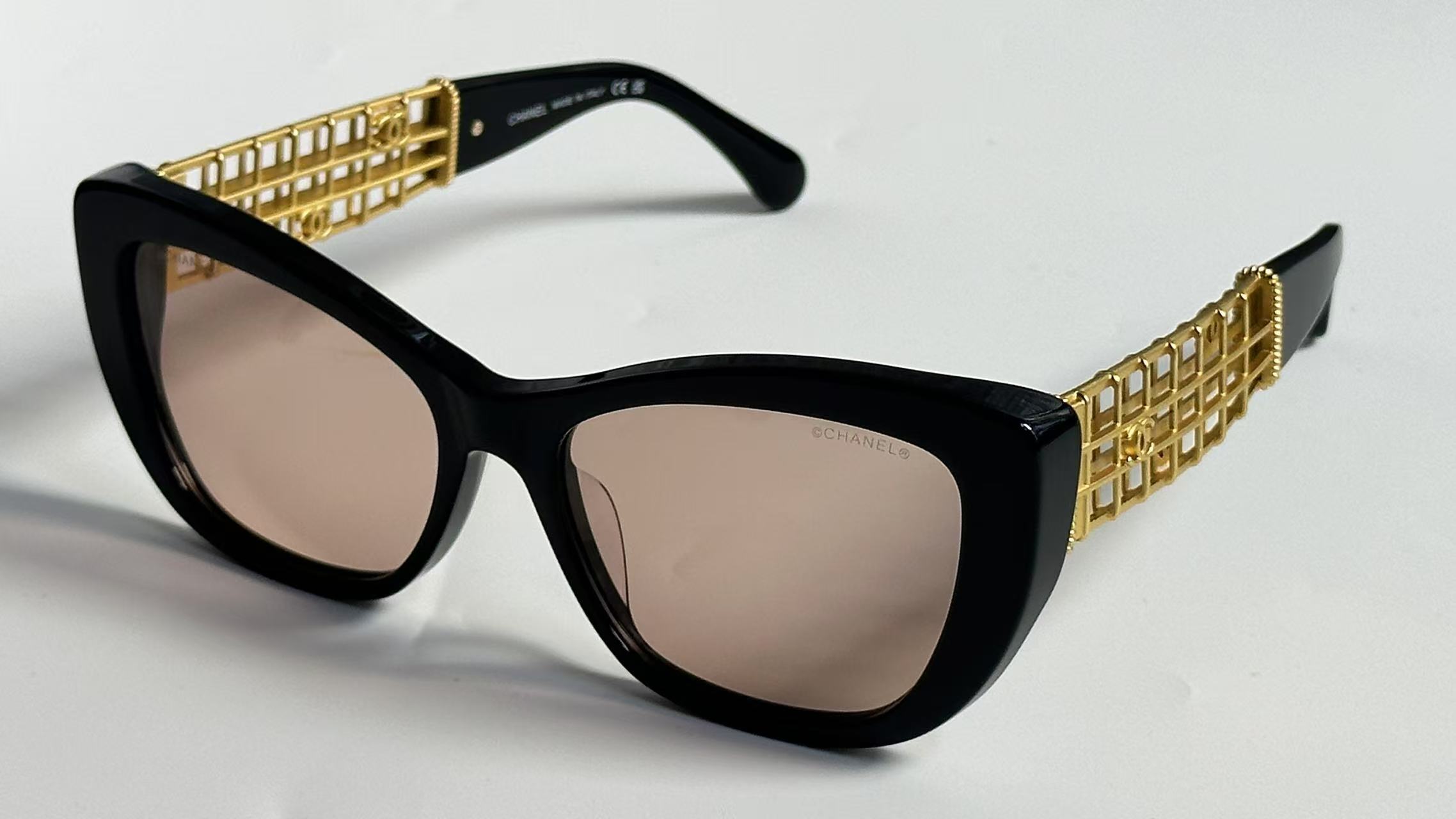 Luxury Chanel Cat Eye Sunglasses with Gold Lattice Temples