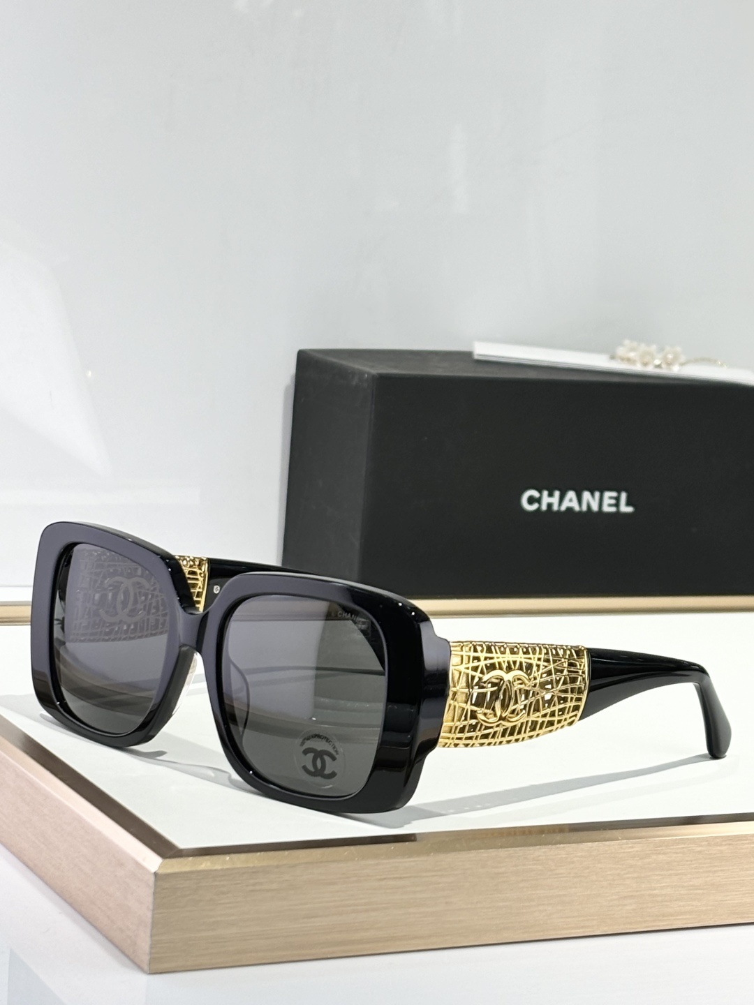 Chanel Oversized Square Sunglasses – Gold CC Lattice Detail