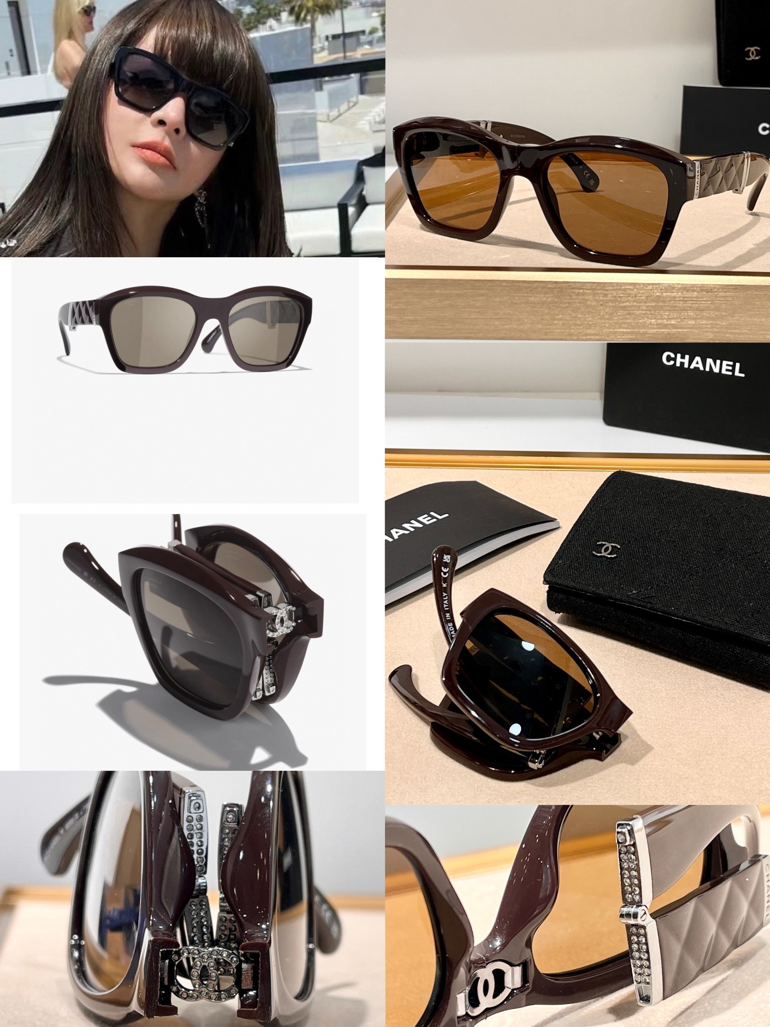 Chanel Luxury Folding Square Sunglasses with Crystal CC Logo