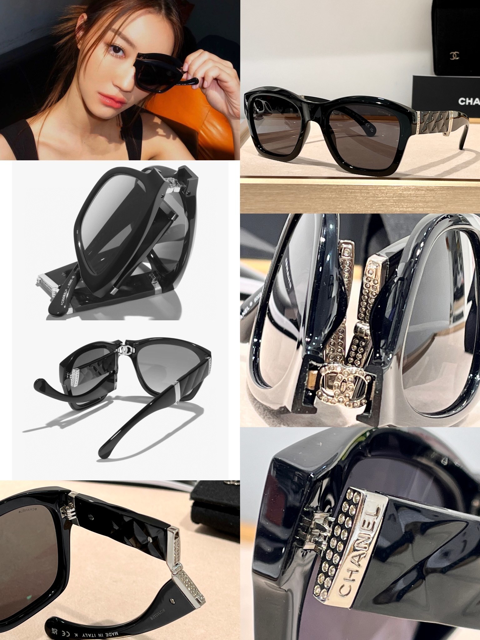 Chanel Luxury Folding Square Sunglasses with Crystal CC Logo