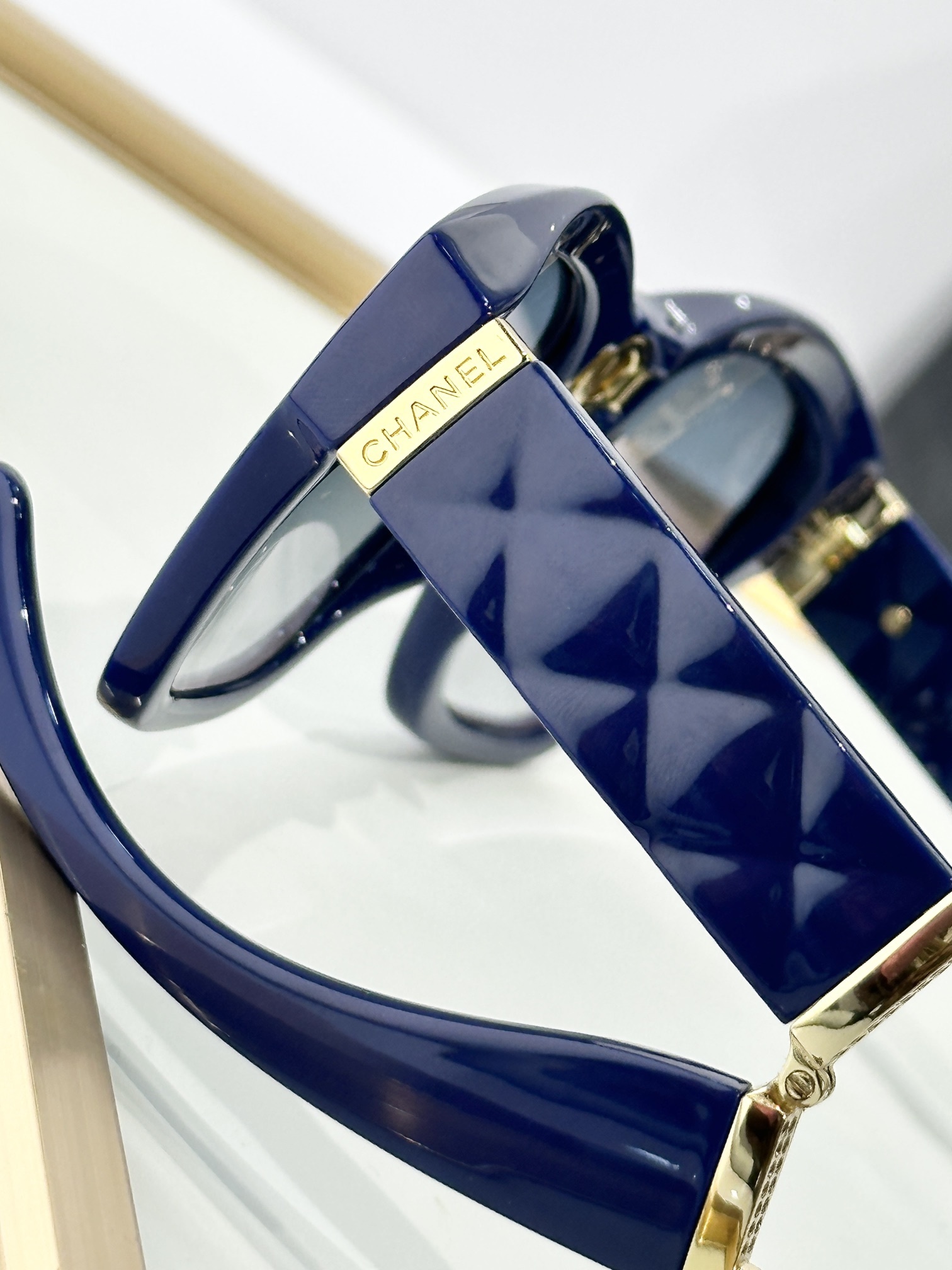 Chanel Navy Blue Quilted Square Sunglasses with Gold Logo Details