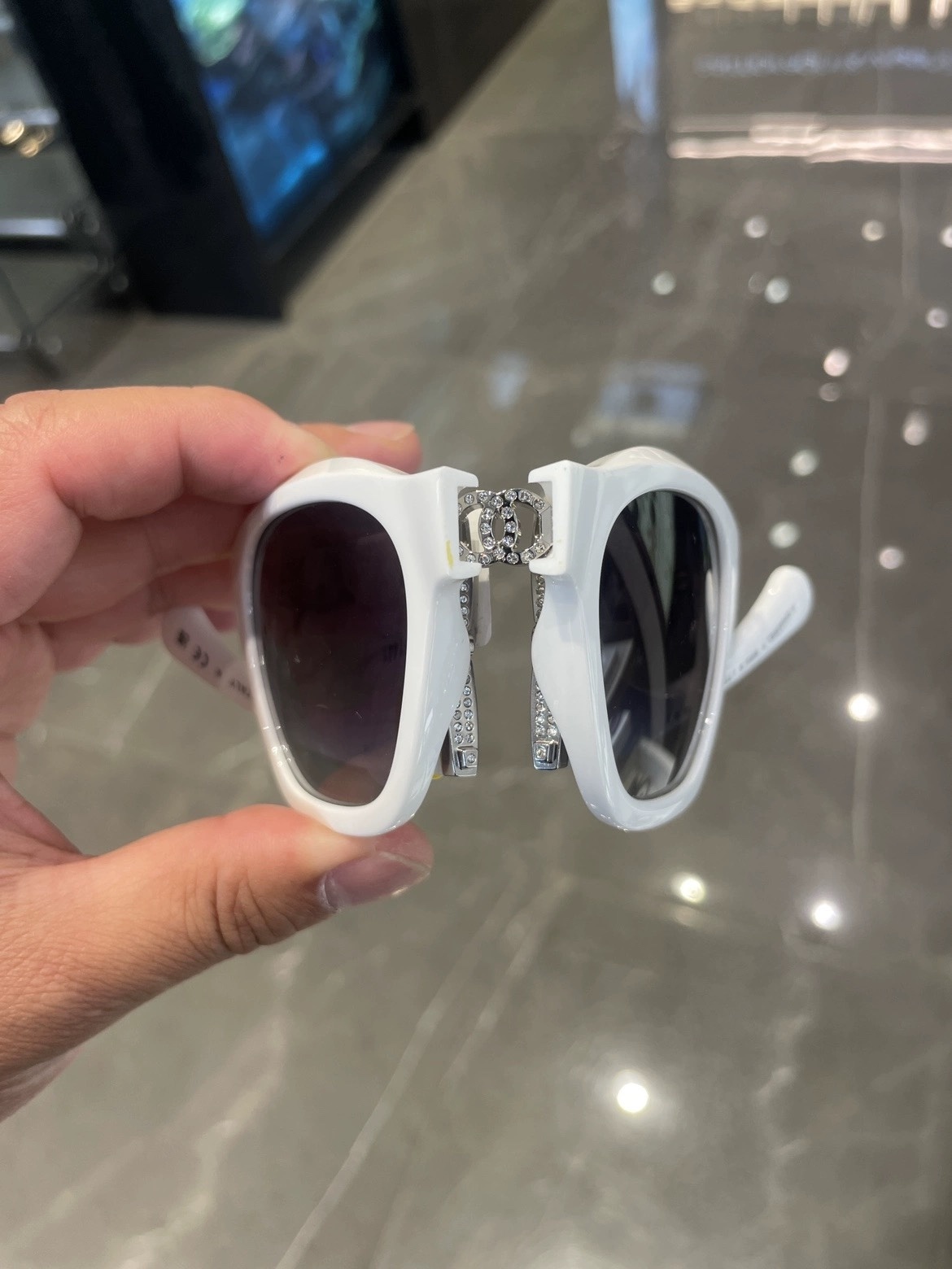 Chanel White Square Sunglasses with Crystal CC Logo & Quilted Temples