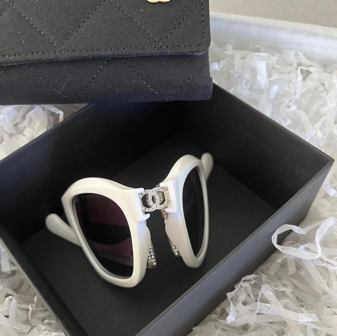 Chanel White Square Sunglasses with Quilted Temples & Crystal CC Logo