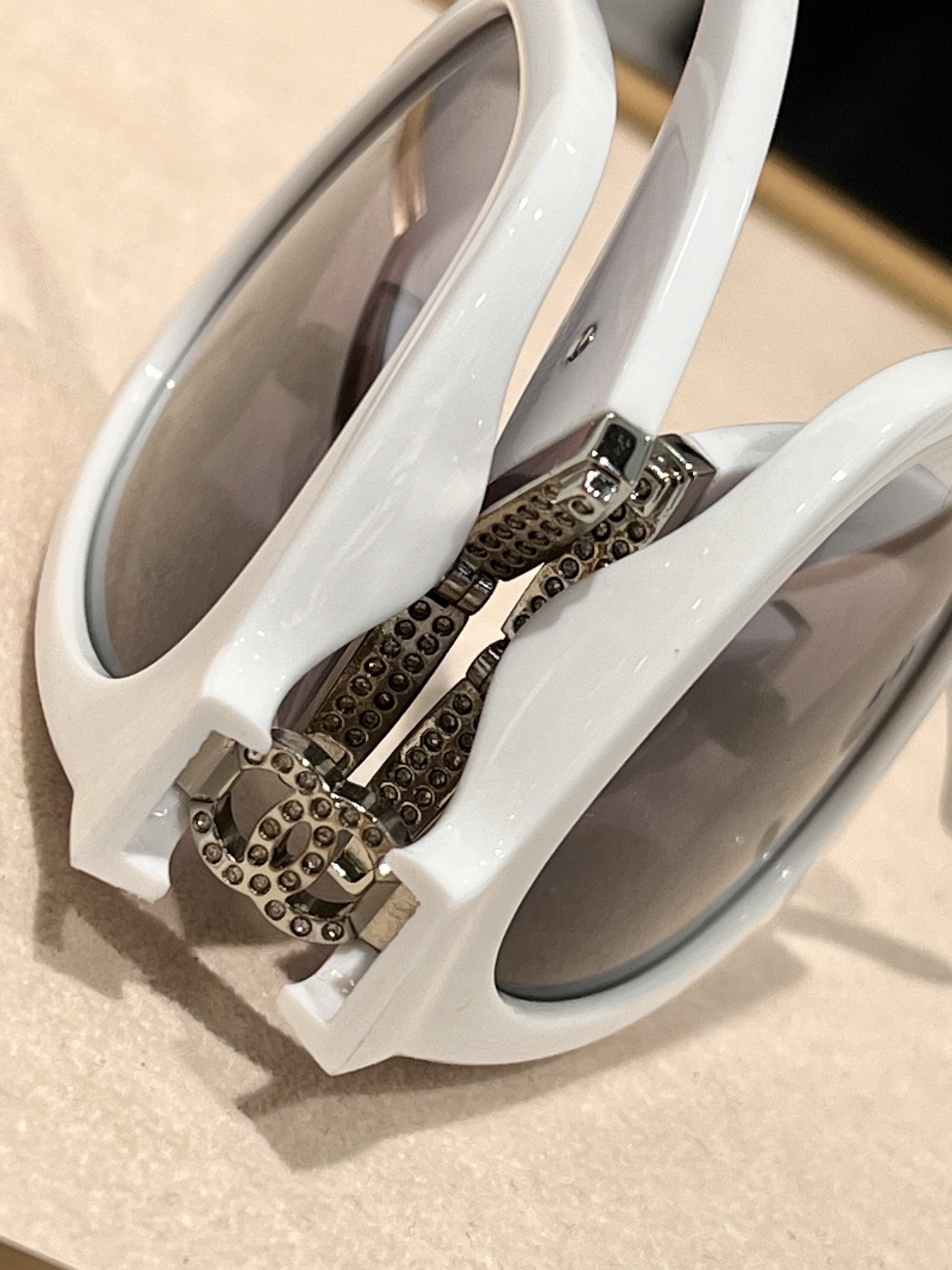 Chanel White Square Sunglasses with Quilted Temples & Crystal CC Logo