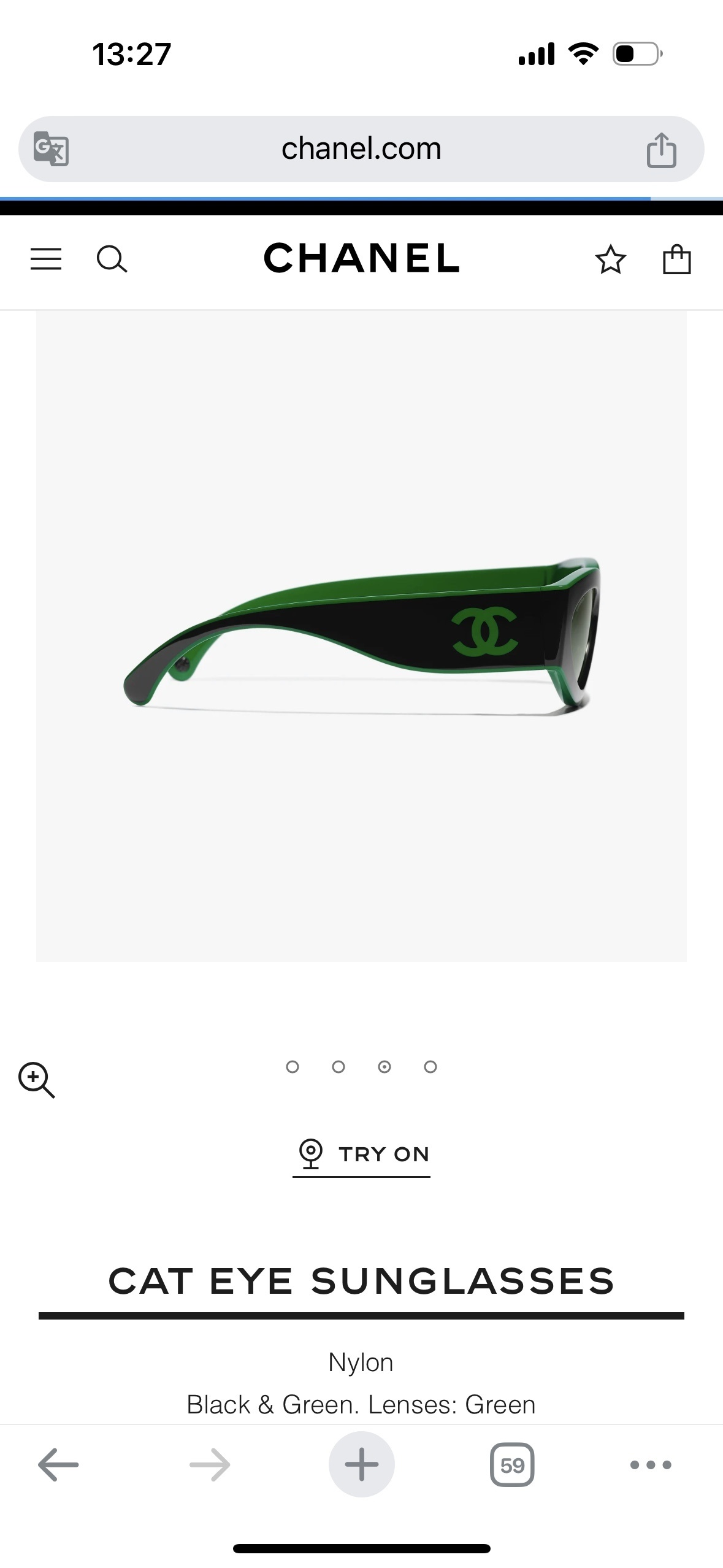 Chanel Black & Green Nylon Cat Eye Sunglasses with Green Lenses