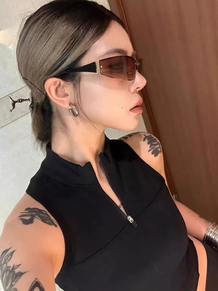 Vintage Y2K Rectangular Rimless Sunglasses – Retro Cyberpunk Style