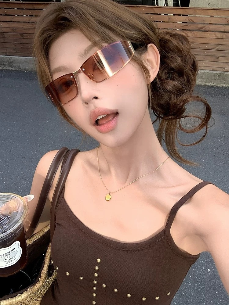 Vintage Y2K Rectangular Rimless Sunglasses – Retro Cyberpunk Style