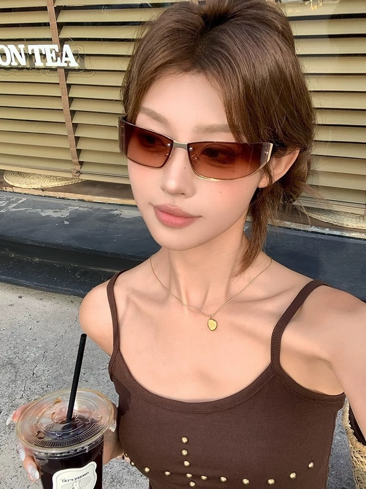 Vintage Y2K Rectangular Rimless Sunglasses – Retro Cyberpunk Style