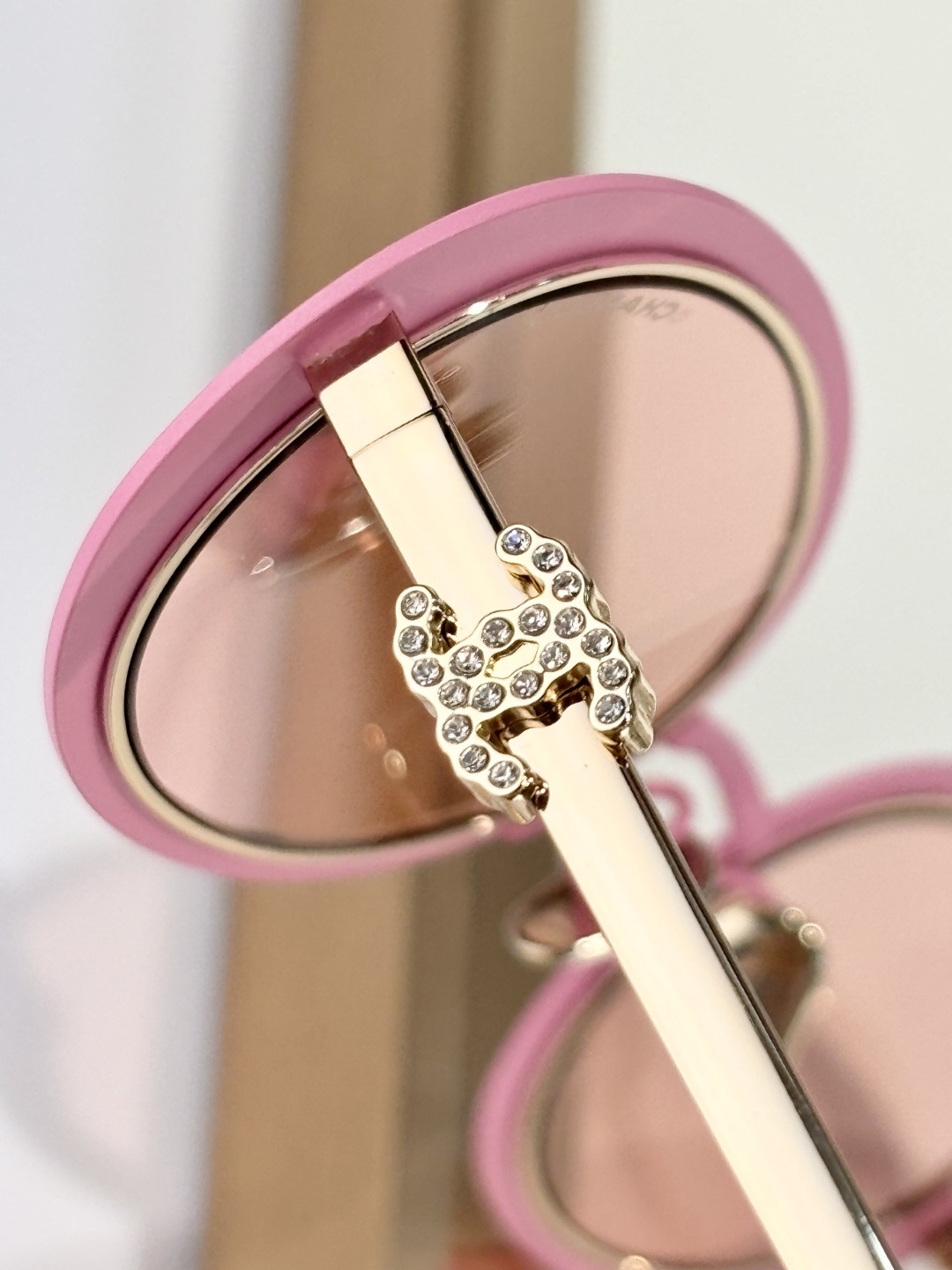 Chanel OCH9578B Pink Oval Sunglasses with Gold Metal & Crystal CC