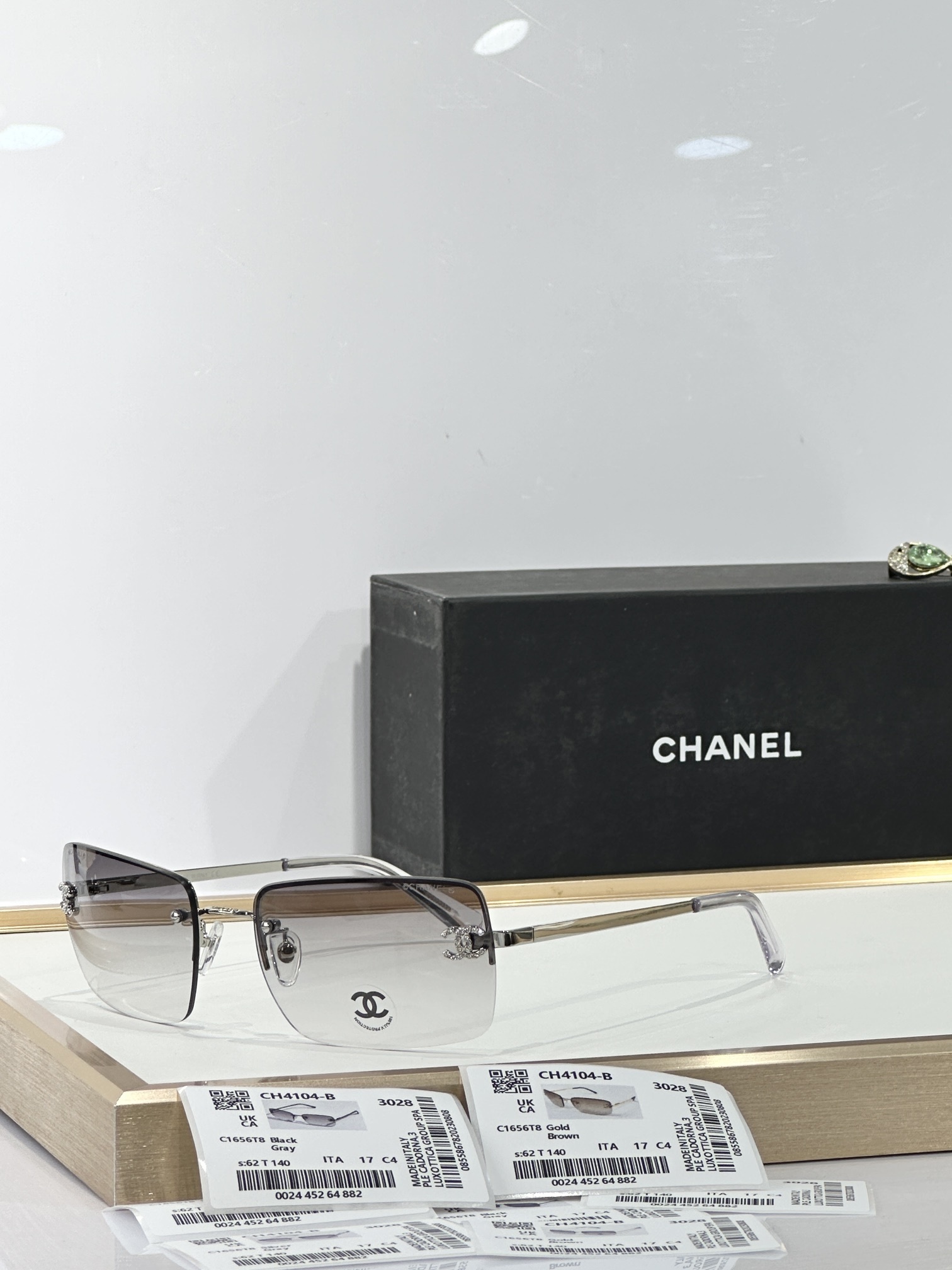 Chanel CH4104-B Rimless Rectangular Sunglasses with Crystal CC Logo